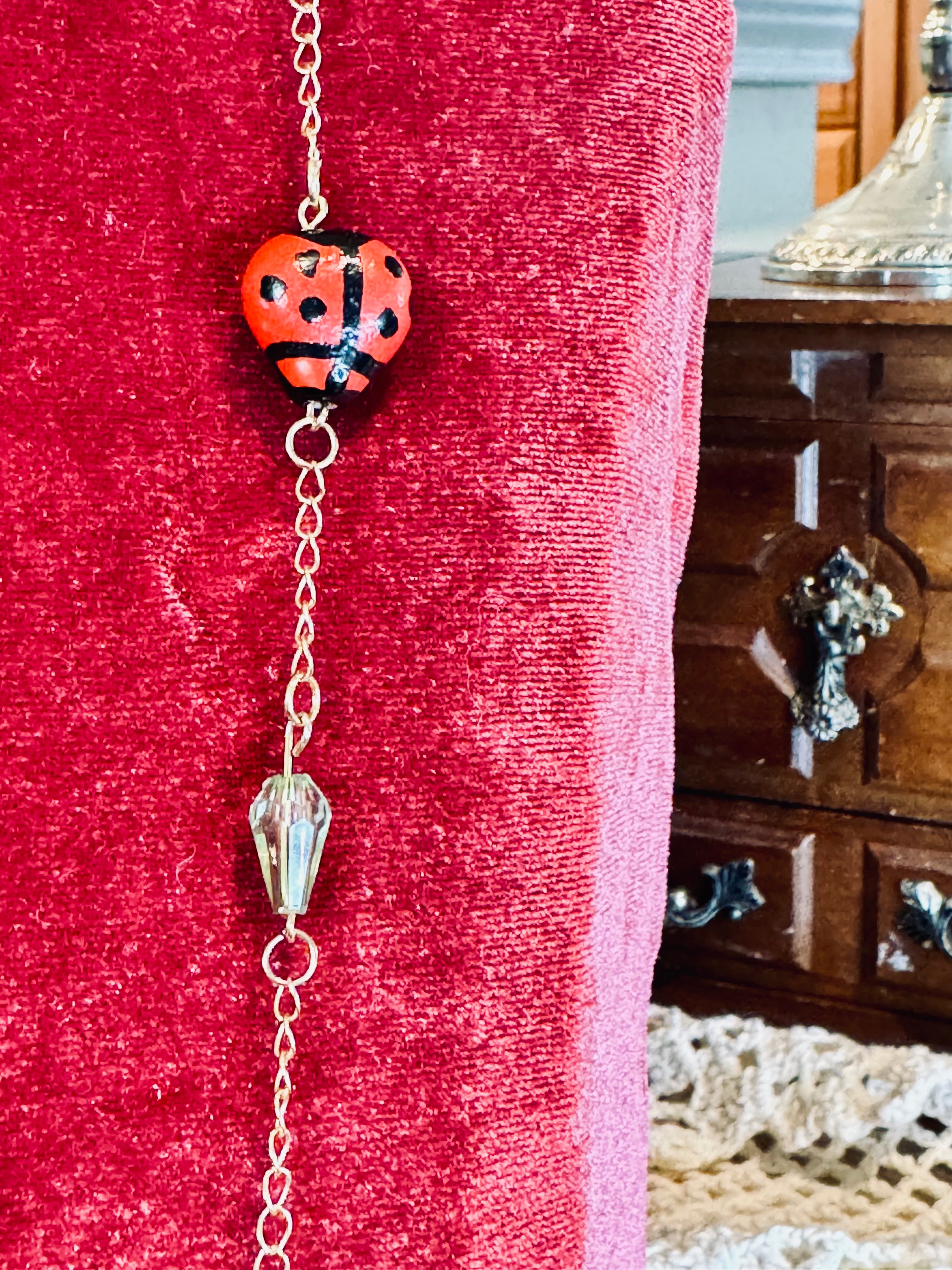 Whimsical Upcycled Ladybug Chain Necklace – Red and Black Hand-Painted Novelty Jewelry
