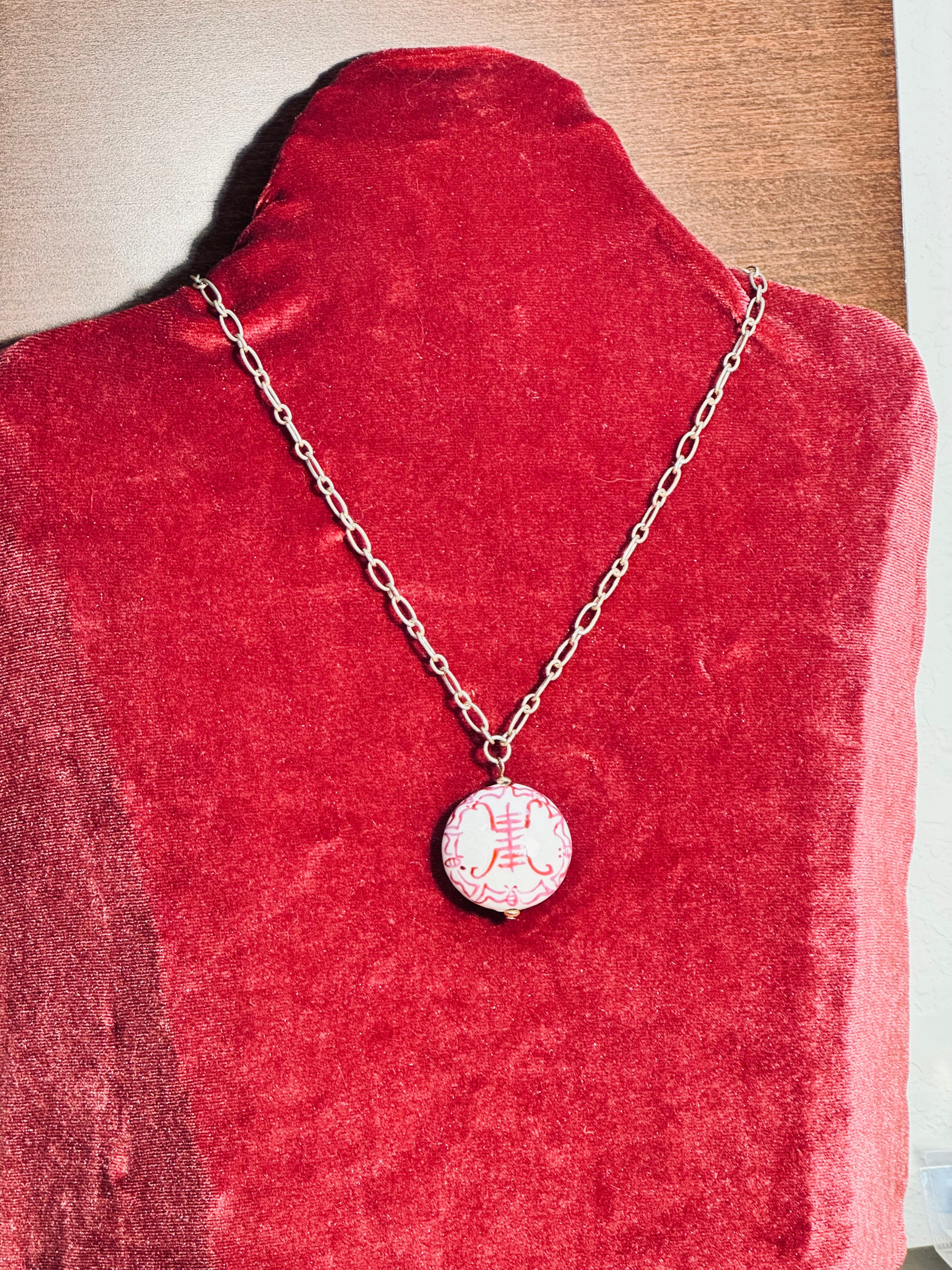 Canvas Style Chinoiserie Porcelain Bead Pendant Necklace