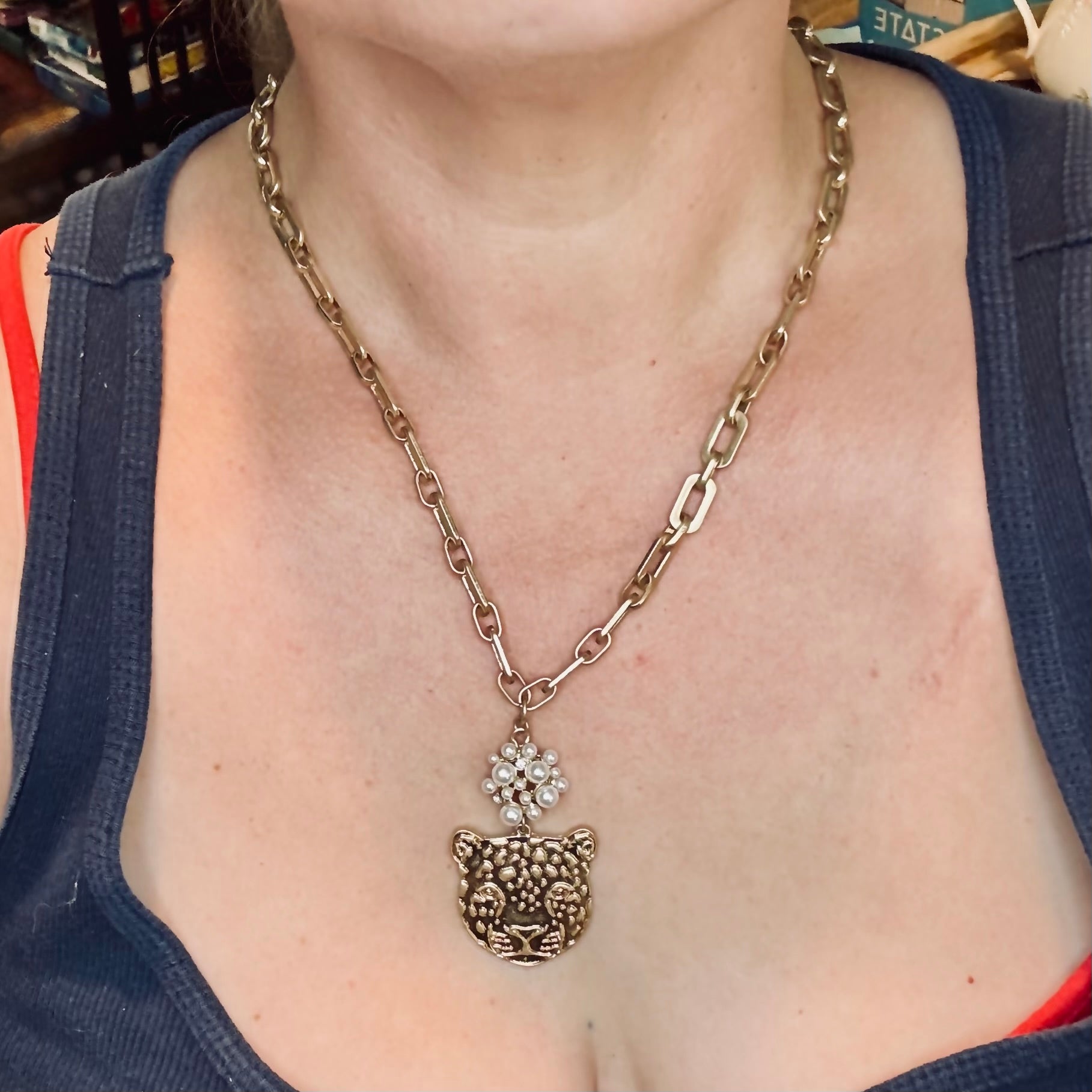 Gold-Tone Jaguar Head Pendant Necklace with Faux Pearl Accent