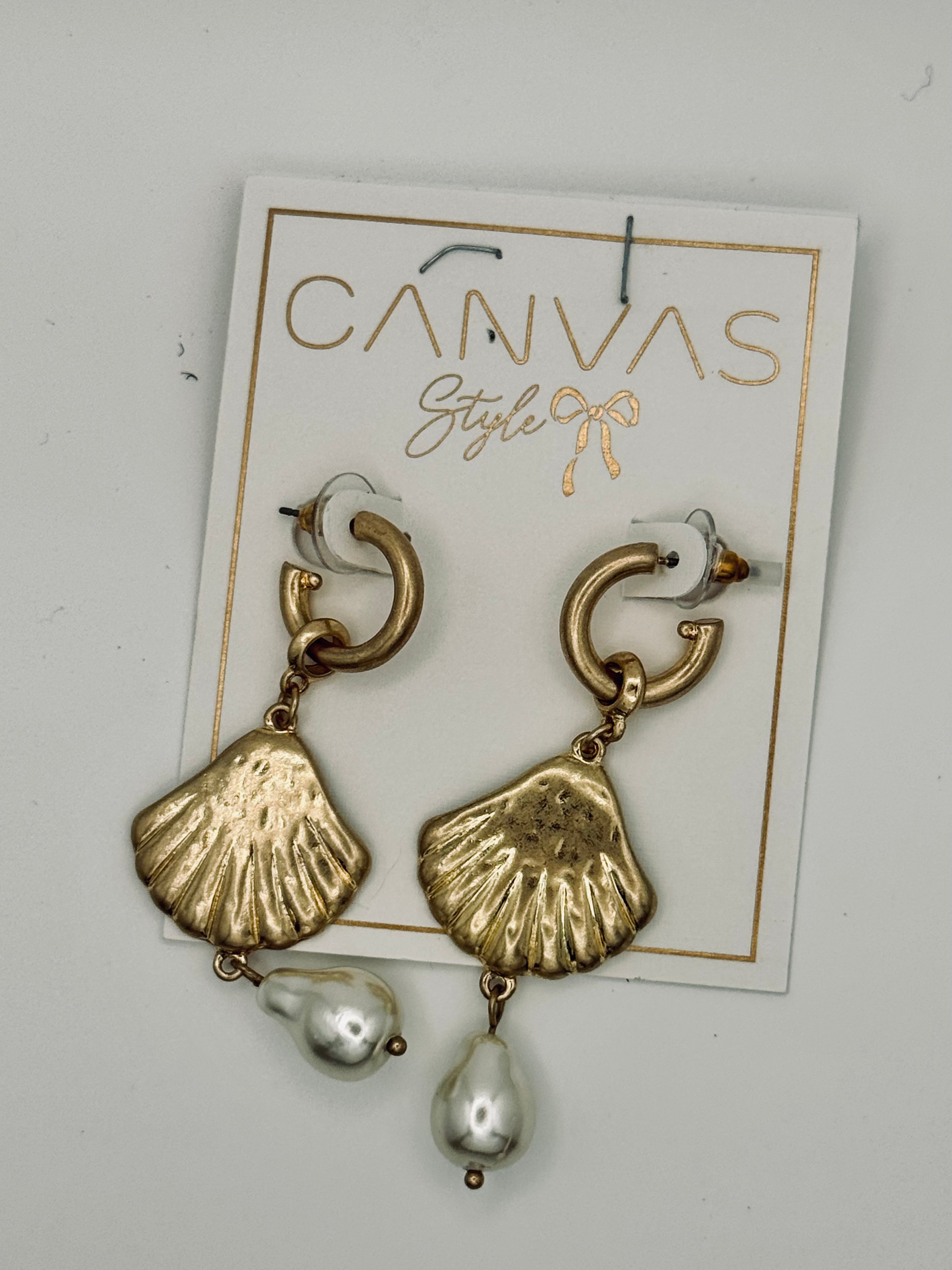 Gold Shell Pearl Drop Earrings - New, Complete Pair