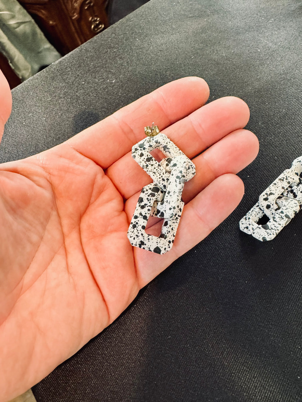 1980s Vintage Dalmatian Speckle Chain Link Dangle Earrings | Retro Plastic Geometric Statement Drops