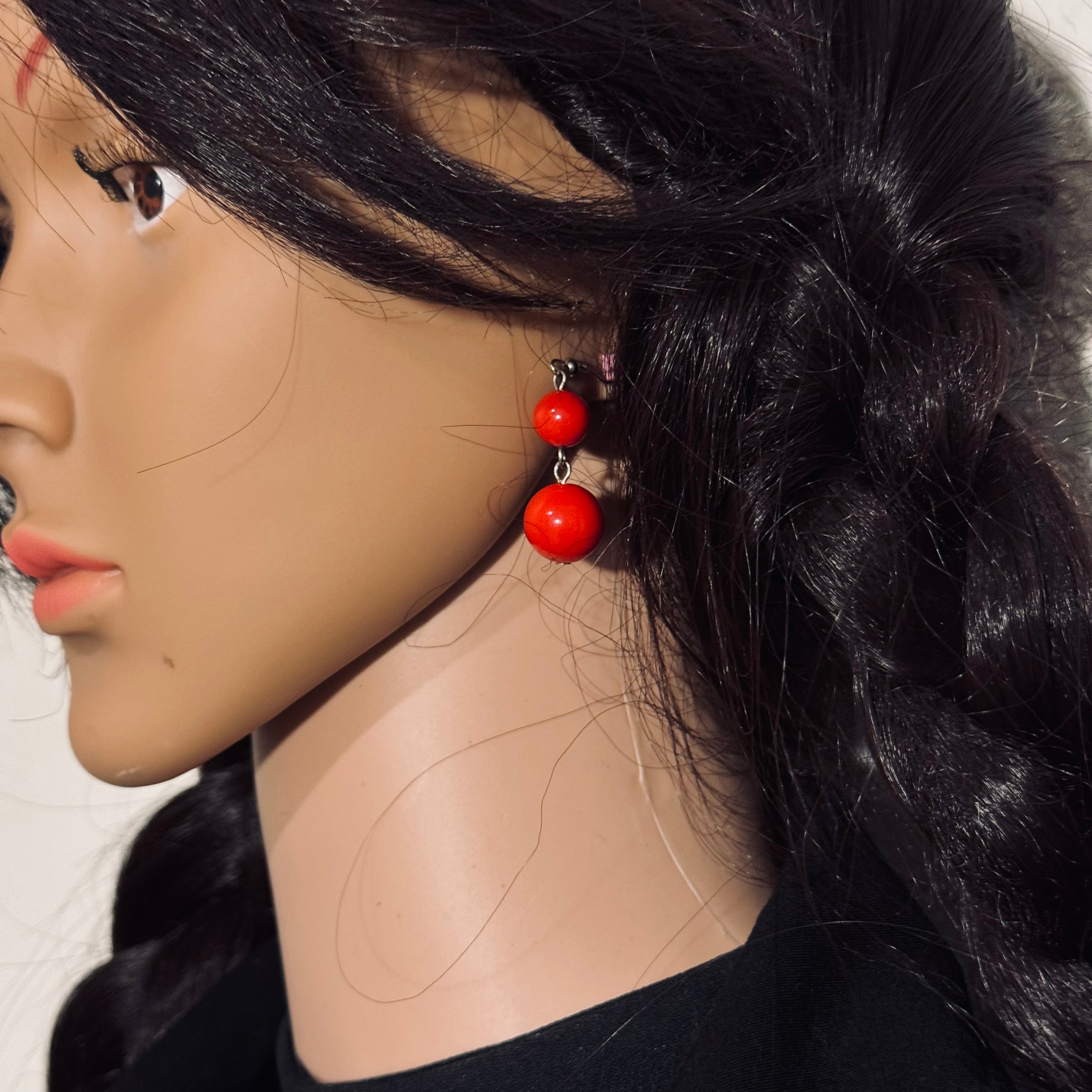 Vibrant Red Double Ball Drop Earrings – Retro High-Gloss Dangle Jewelry