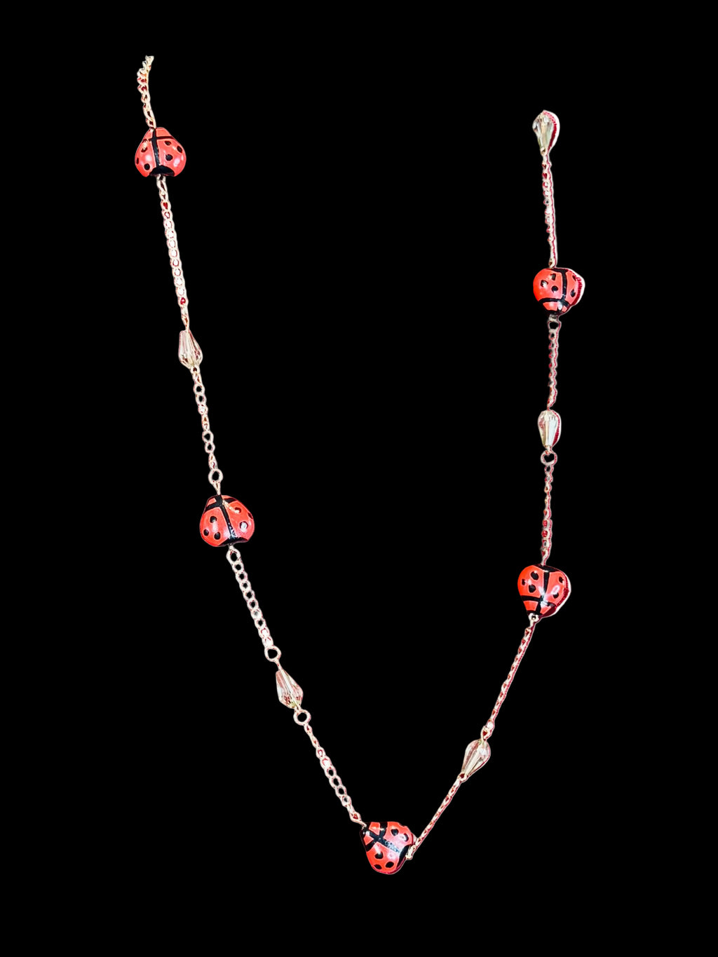Whimsical Upcycled Ladybug Chain Necklace – Red and Black Hand-Painted Novelty Jewelry