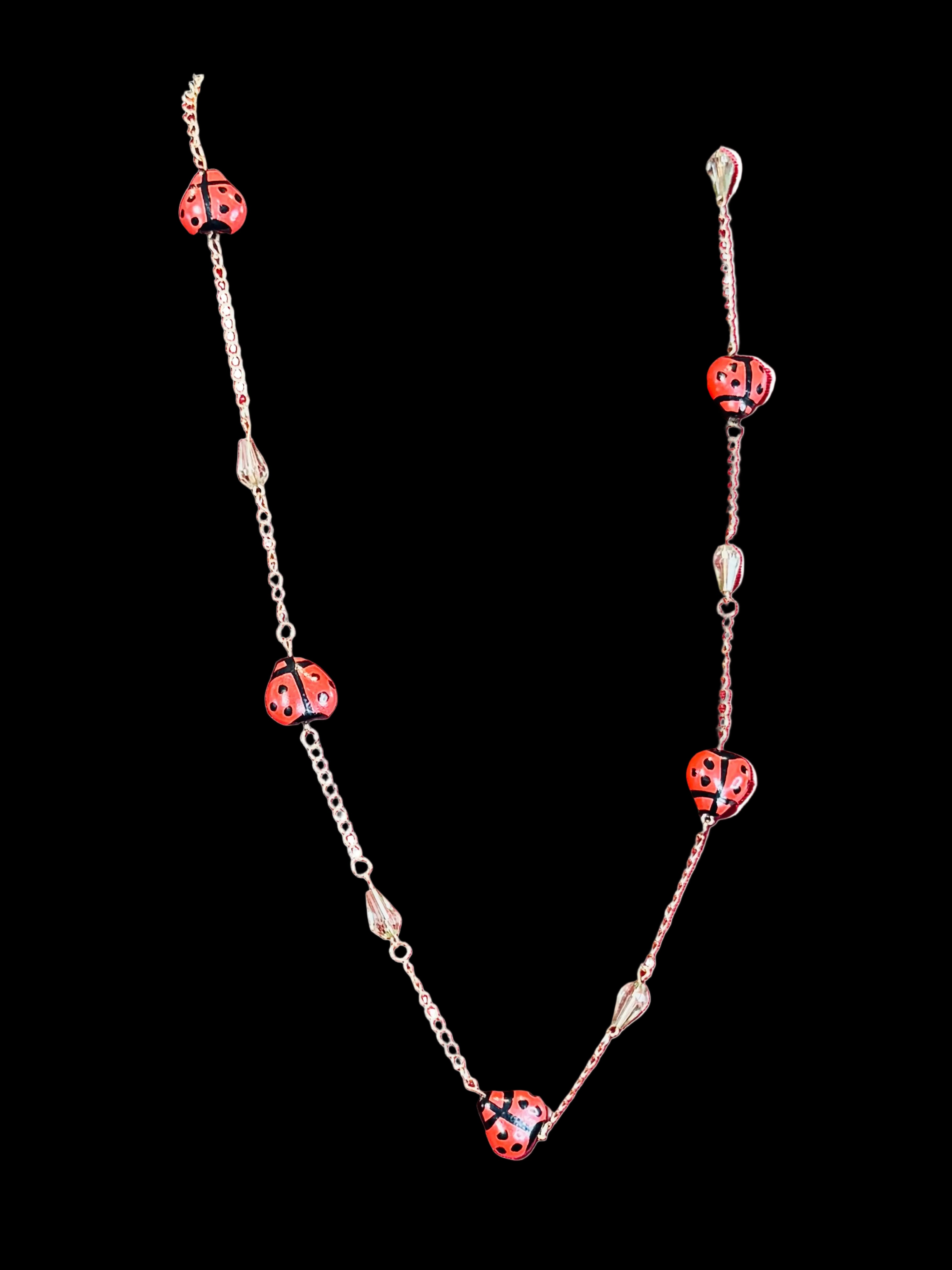 Whimsical Upcycled Ladybug Chain Necklace – Red and Black Hand-Painted Novelty Jewelry