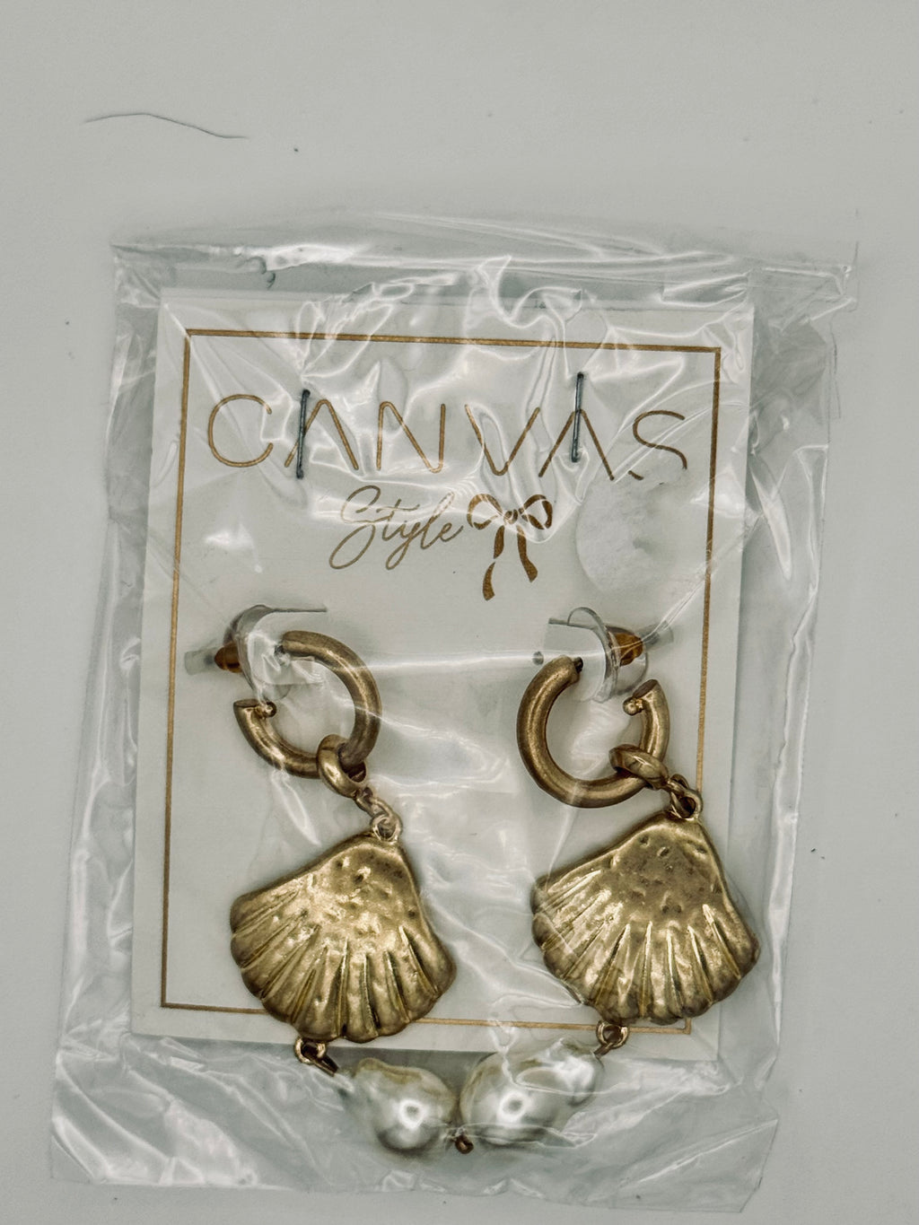 Gold Shell Pearl Drop Earrings - New, Complete Pair