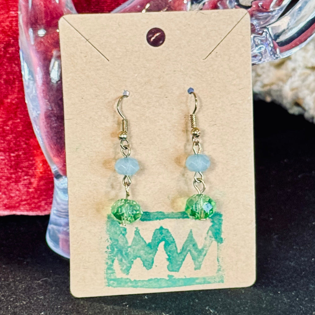 Upcycled Powder Blue & Sage Crystal Dangle Earrings – Handmade Vintage Salvage Drop Jewelry