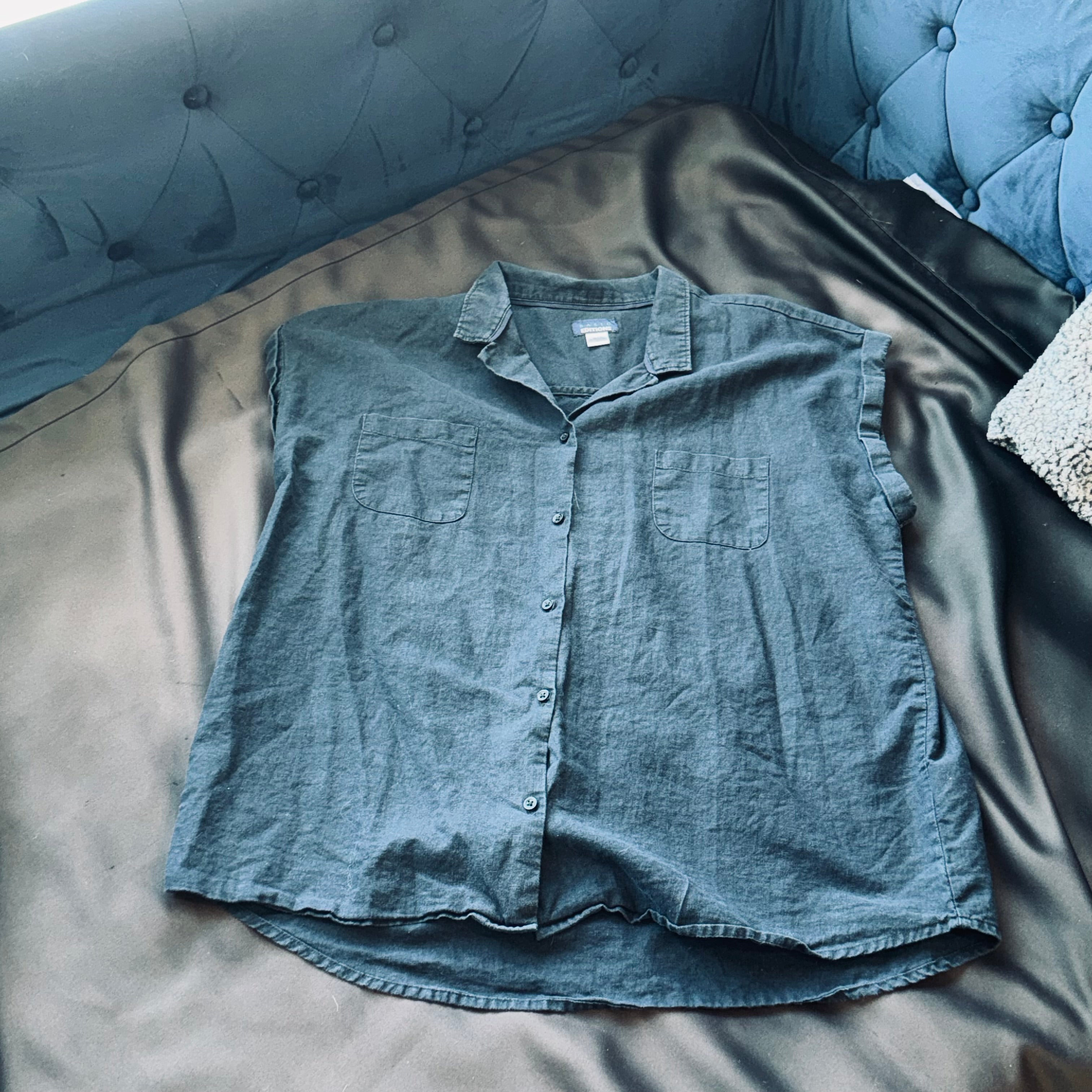 Basic Editions Navy Blue Button-Down Cap Sleeve Shirt