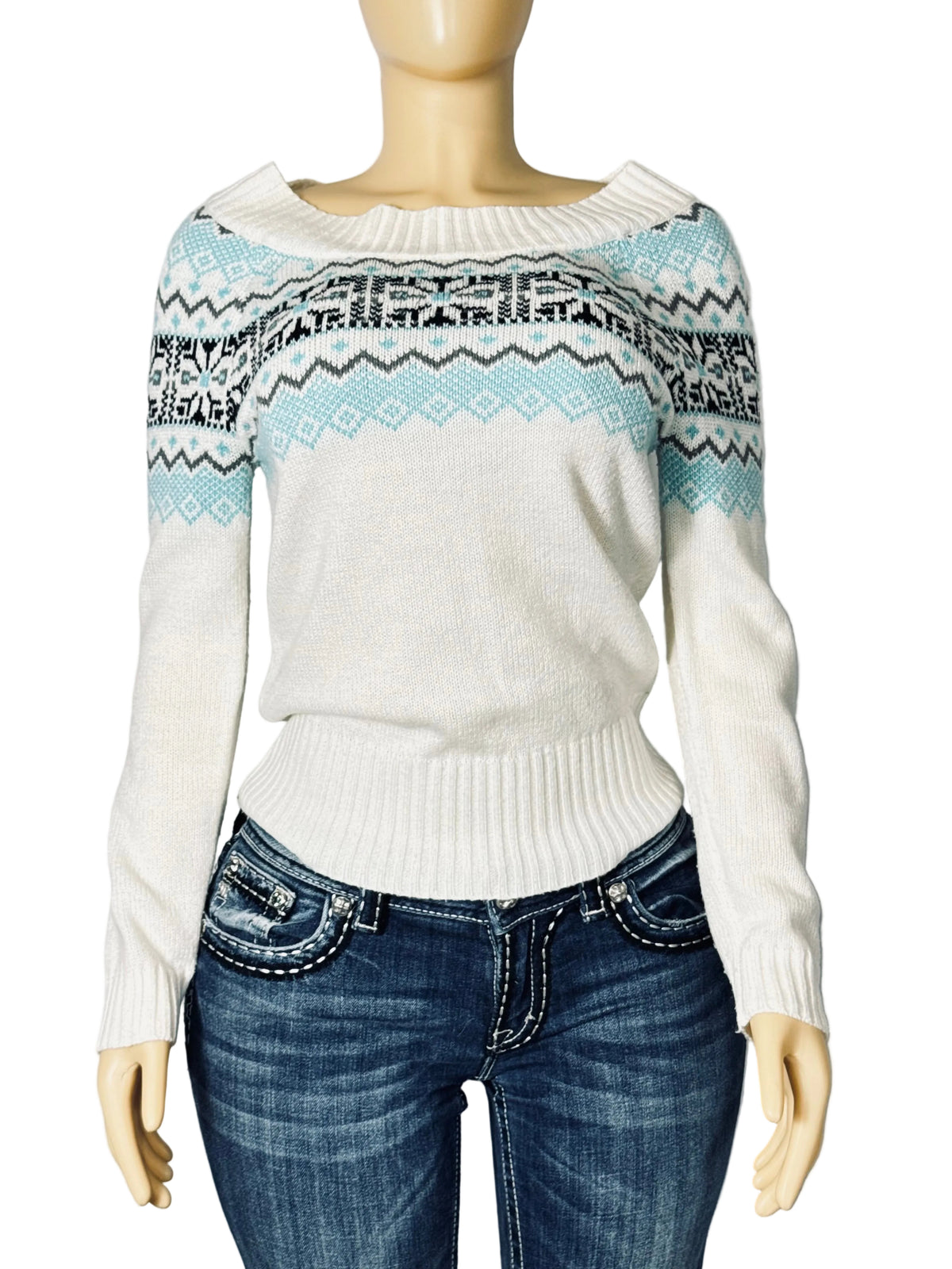 Vintage Y2K OP Sweater Women's M White Blue and Black Geometric Weave Pre Owned