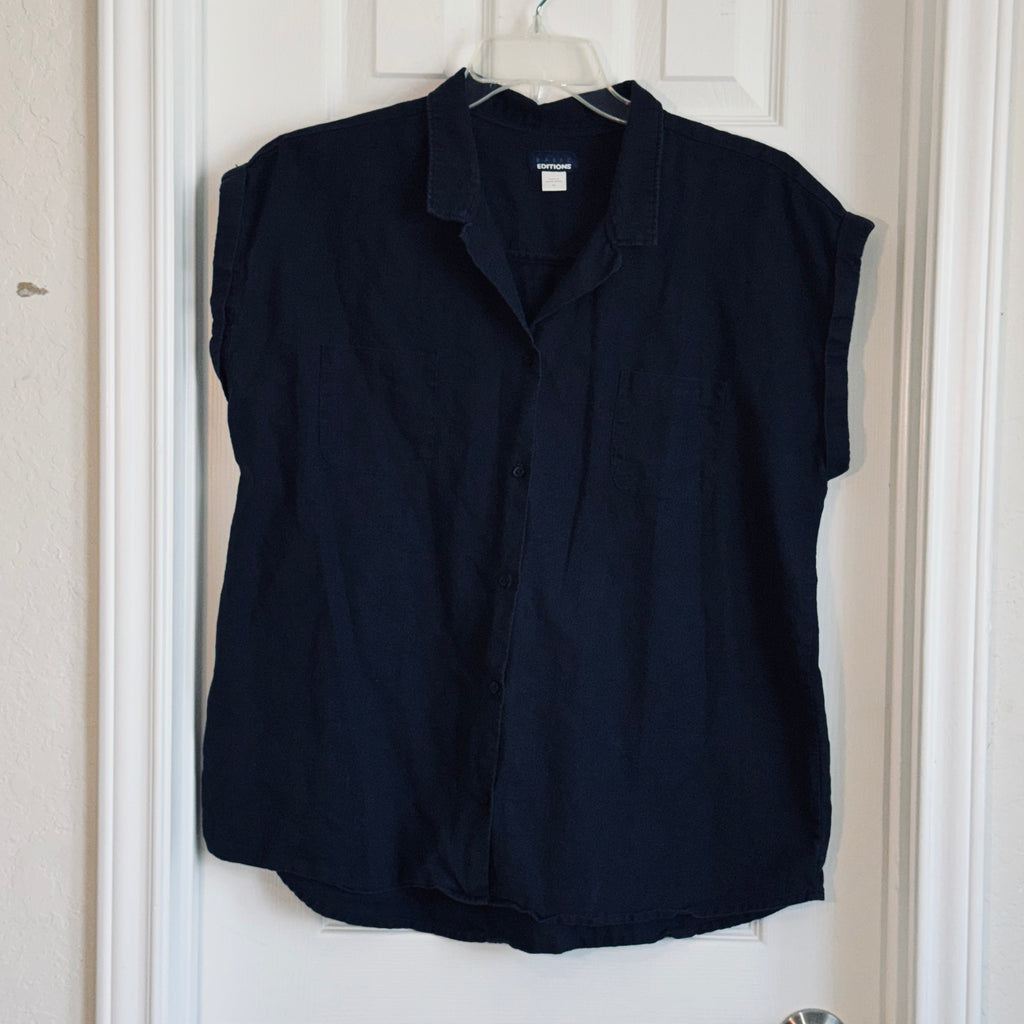 Basic Editions Navy Blue Button-Down Cap Sleeve Shirt