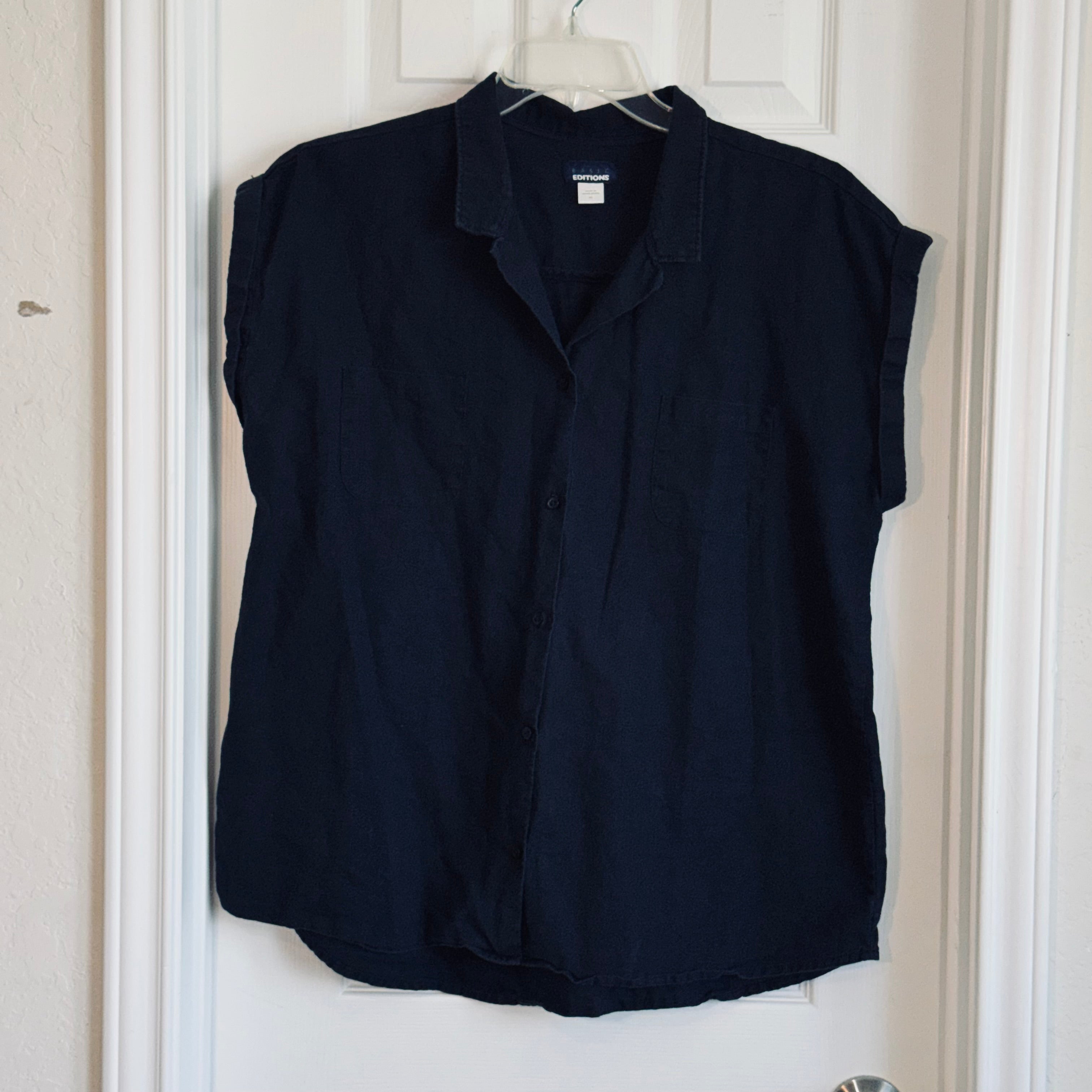 Basic Editions Navy Blue Button-Down Cap Sleeve Shirt
