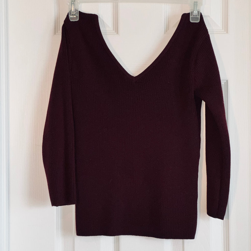 Women’s V-Neck Ribbed Sweater Top - Wine