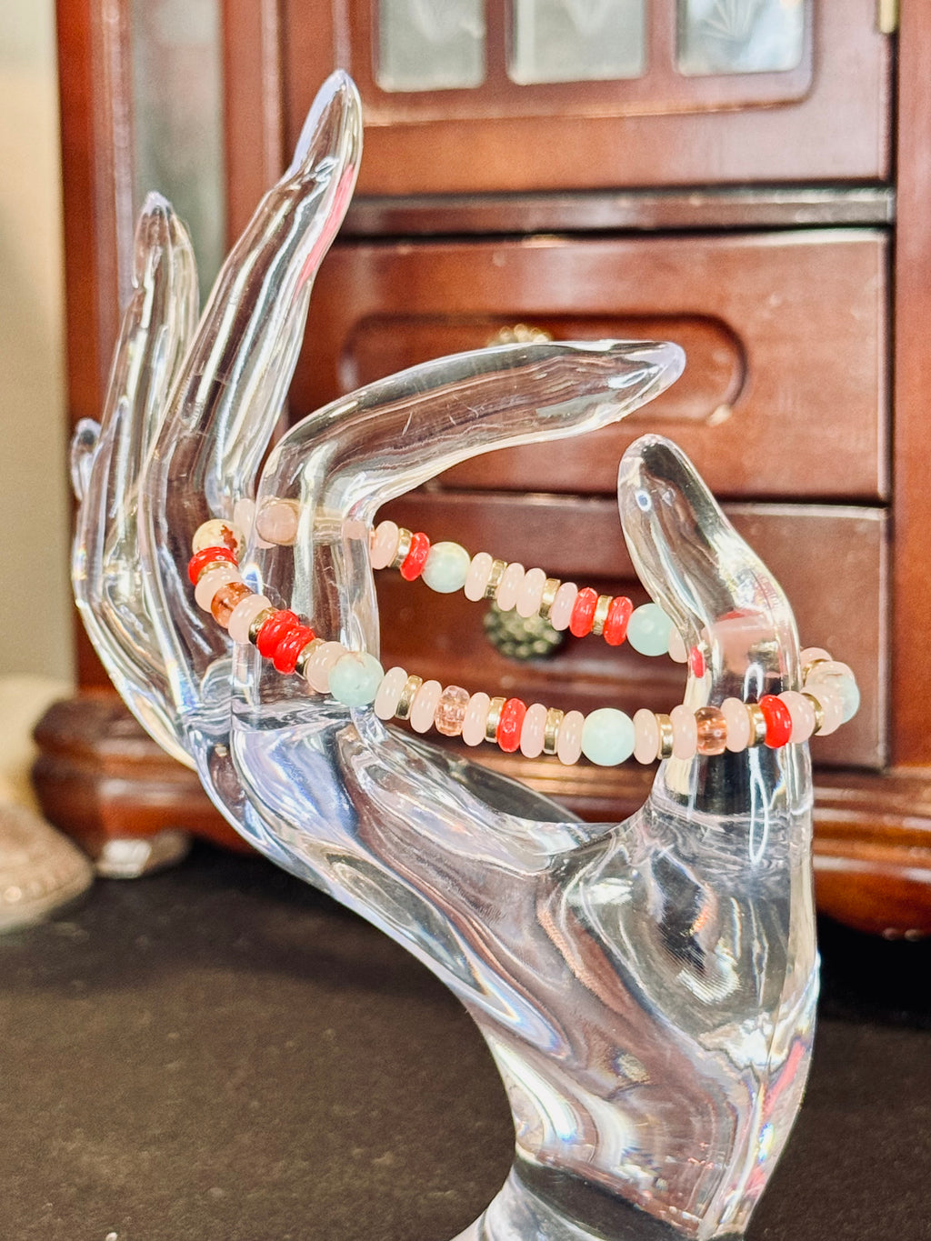 Eclectic Boho Pastel Gemstone & Coral Disc Stacking Bracelet Romantic Style Accessories