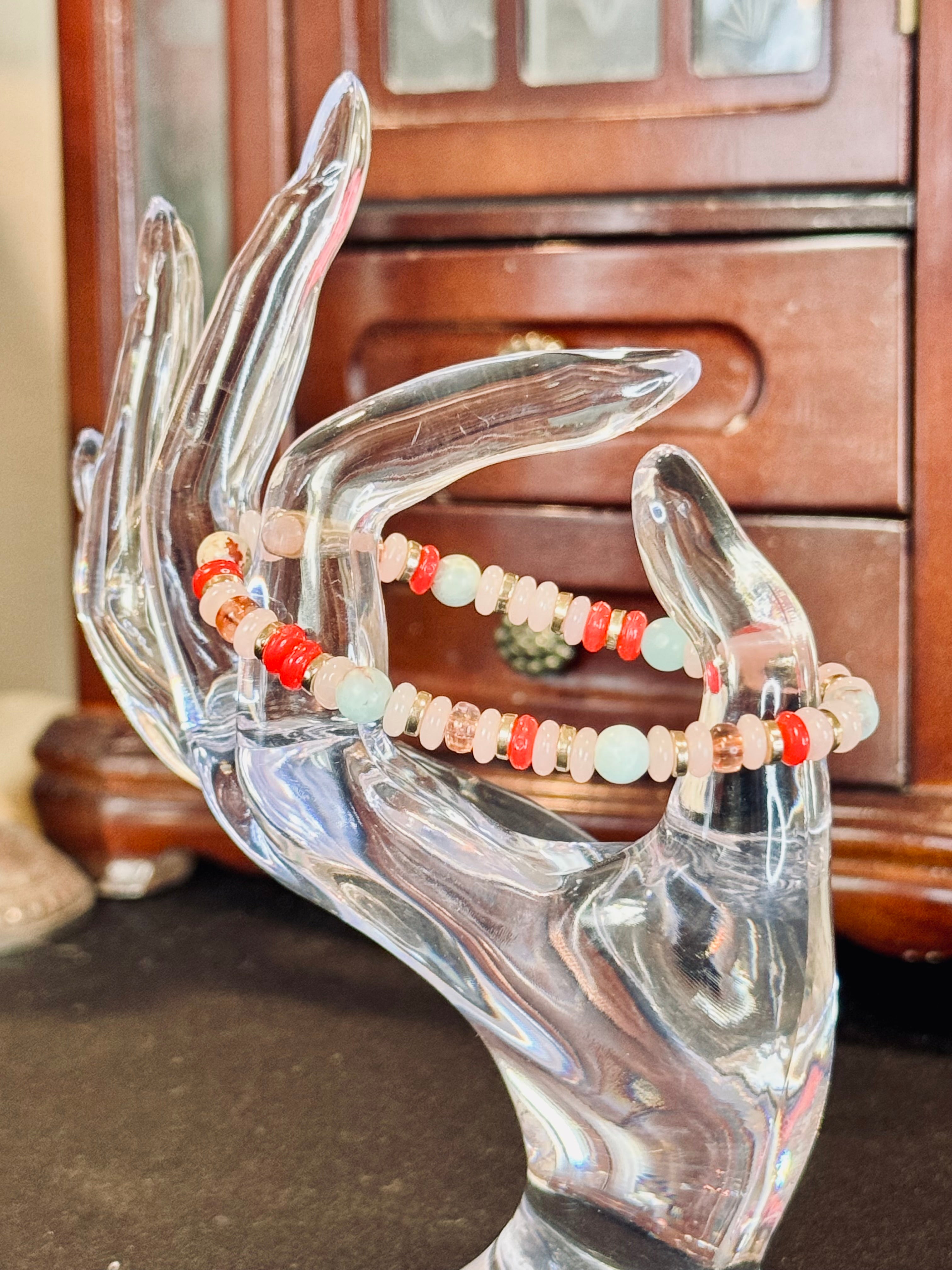 Eclectic Pastel Gemstone & Coral Disc Stack Bracelet