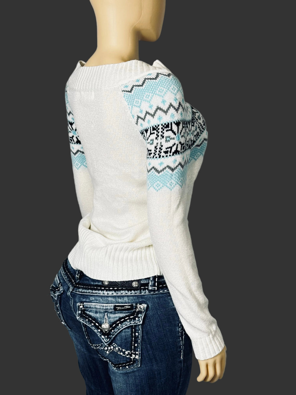 Vintage Y2K OP Sweater Women's M White Blue and Black Geometric Weave Pre Owned
