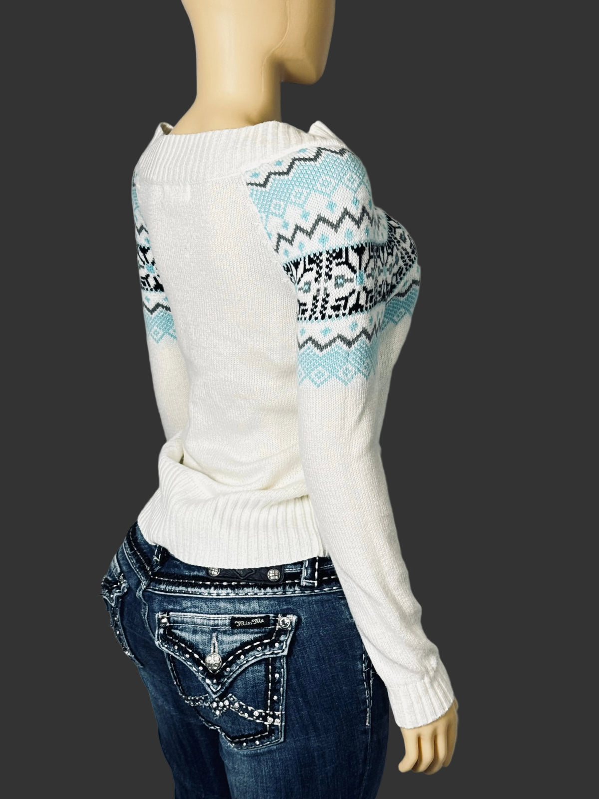 Vintage Y2K OP Sweater Women's M White Blue and Black Geometric Weave Pre Owned