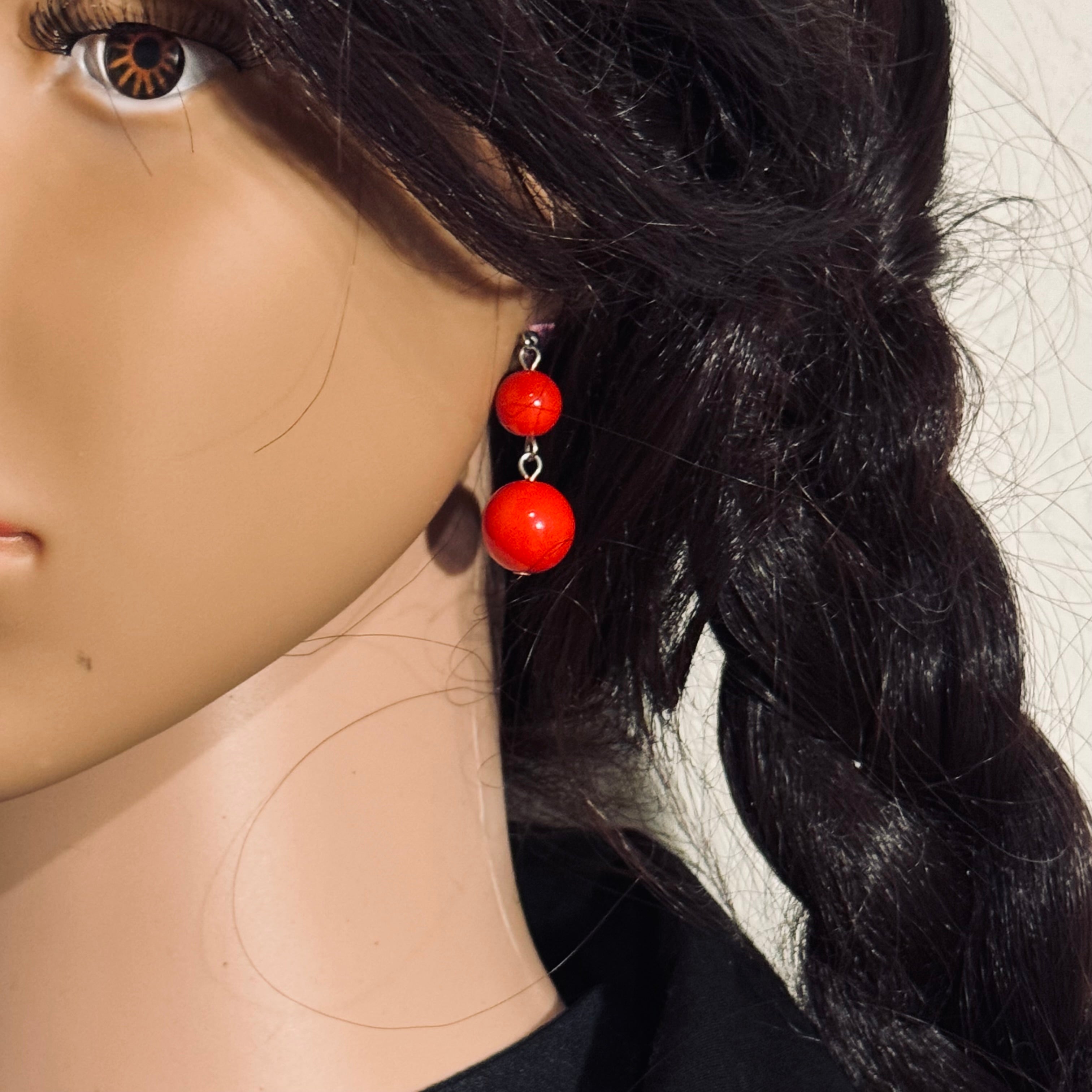 Vibrant Red Double Ball Drop Earrings – Retro High-Gloss Dangle Jewelry
