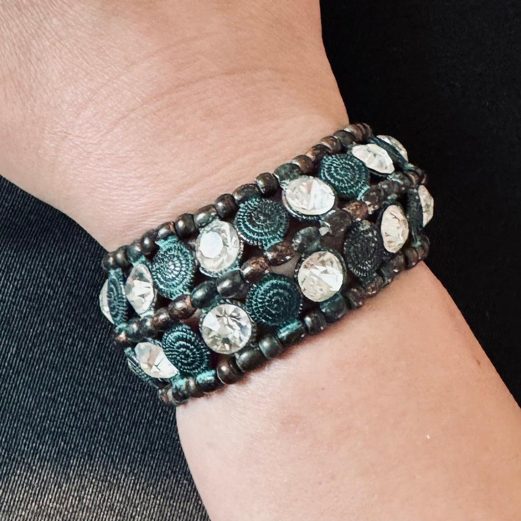Vintage Copper and Crystal Beaded Cuff Bracelet