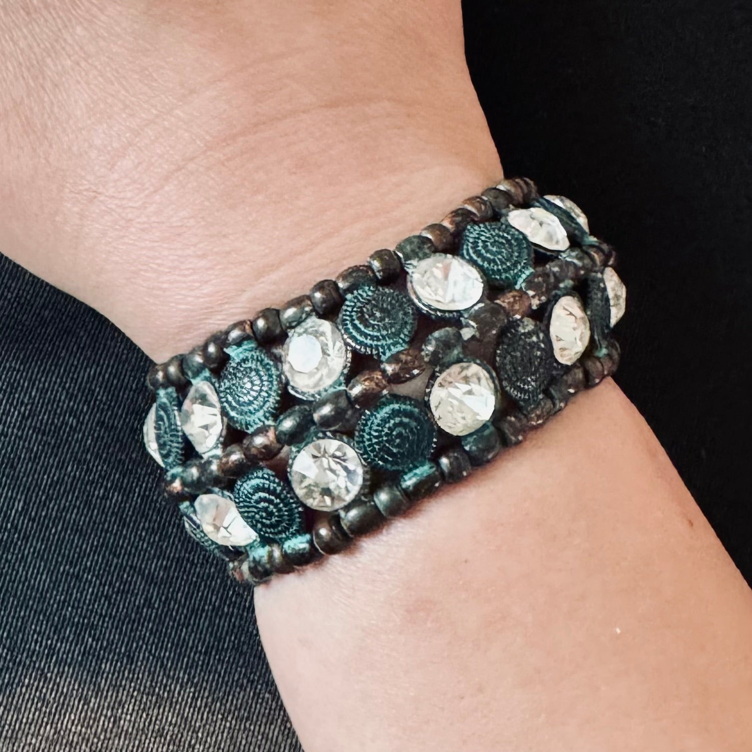 Vintage Copper and Crystal Beaded Cuff Bracelet