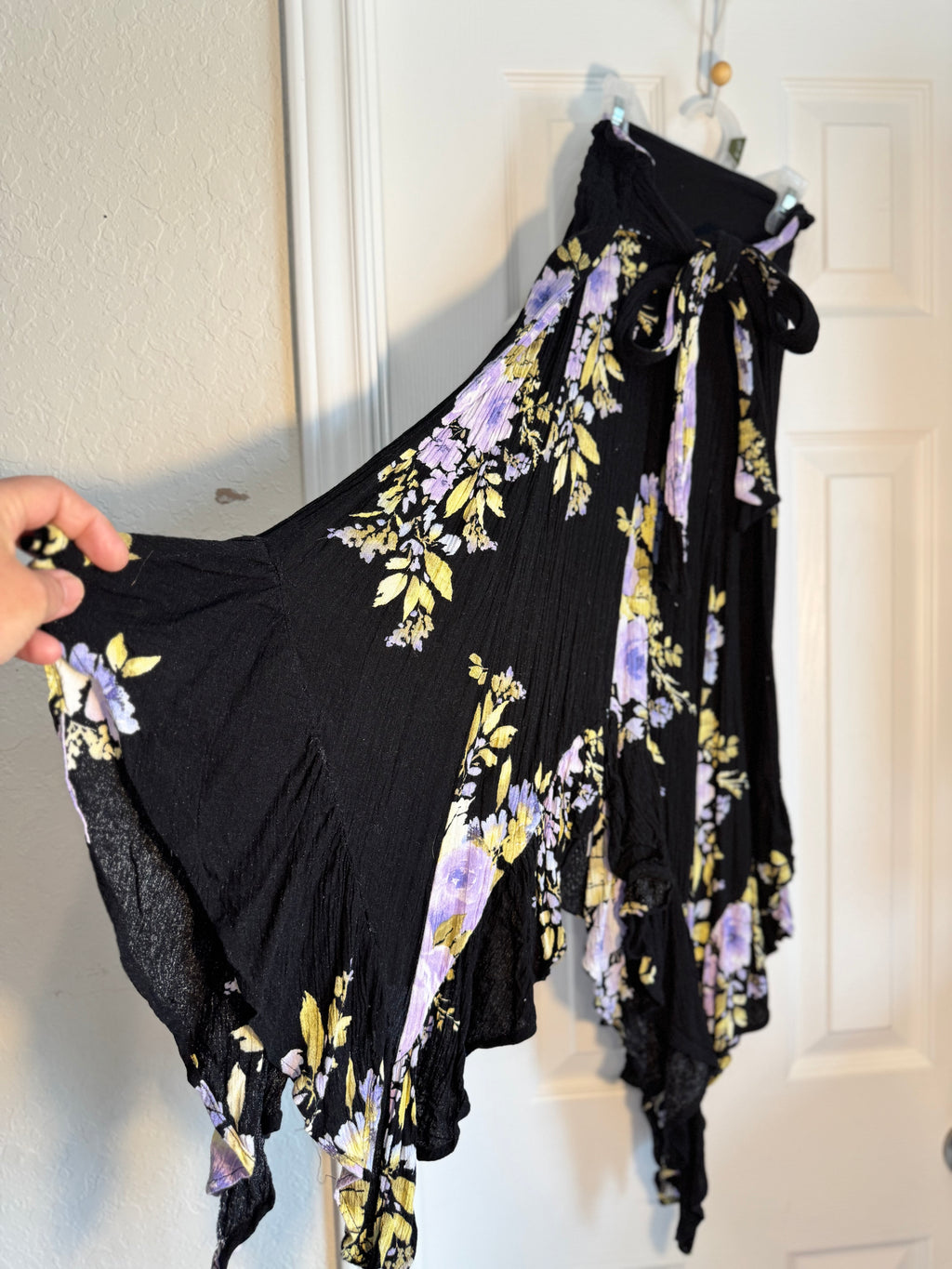 Madeline & Monroe Floral Hanker-chief Hem MaxiSkirt Black Purple Yellow Smocked Skirt