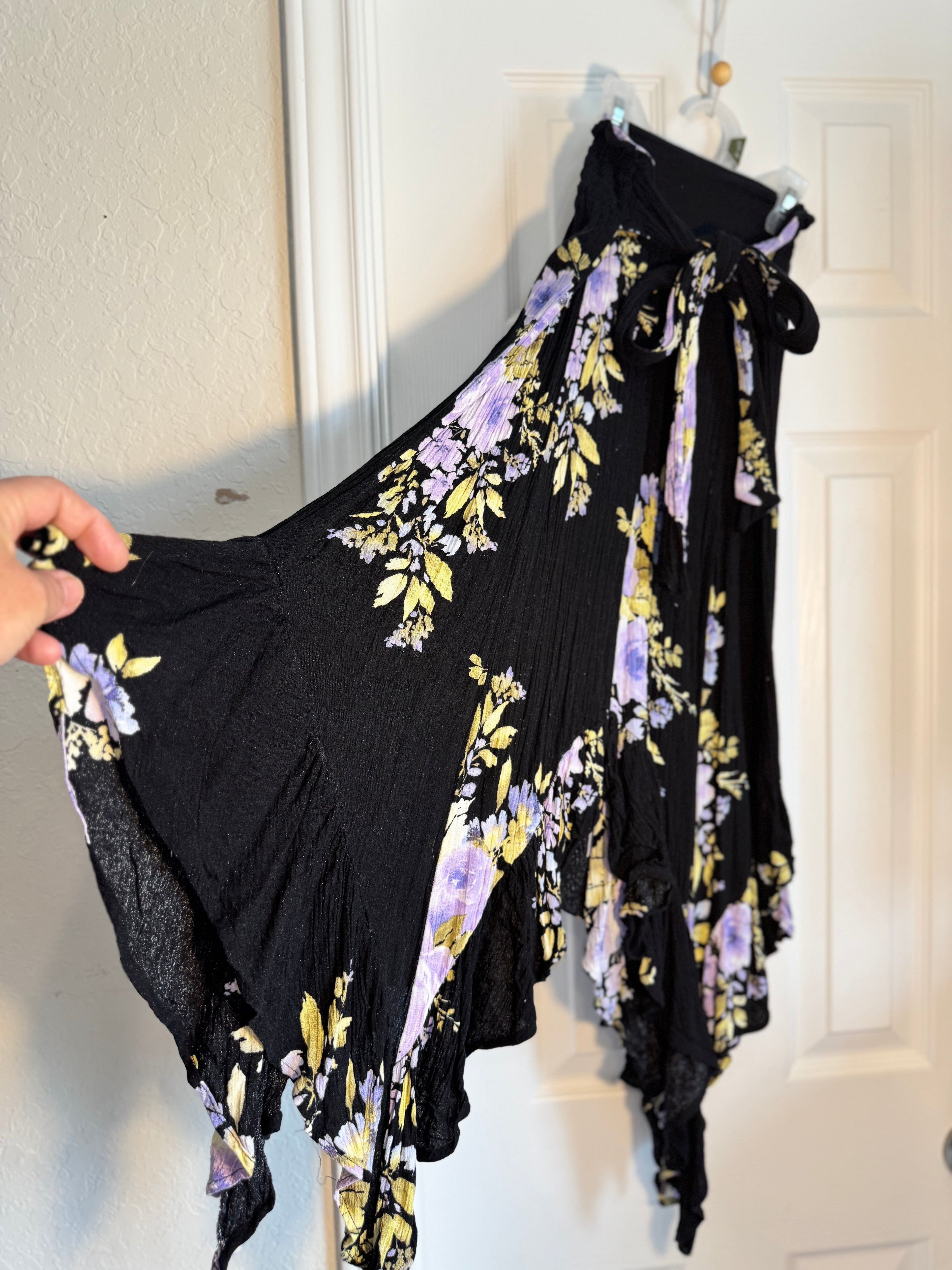 Madeline & Monroe Floral Hanker-chief Hem MaxiSkirt Black Purple Yellow Smocked Skirt