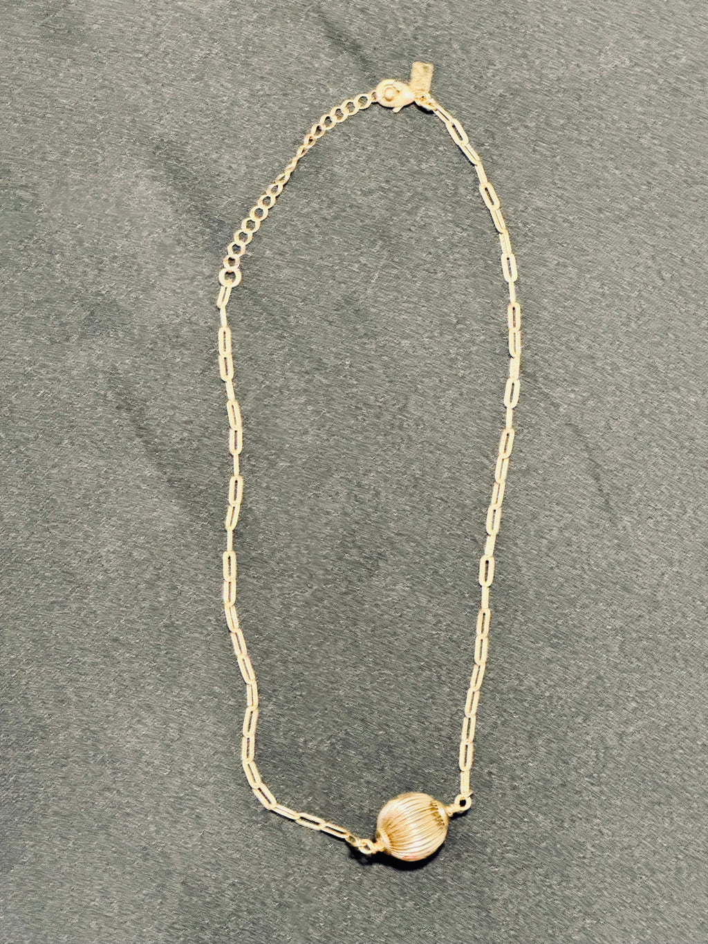 Canvas Style Gold-Tone Ribbed Melon Bead Pendant Necklace – Delicate Paperclip Link Chain with Extender