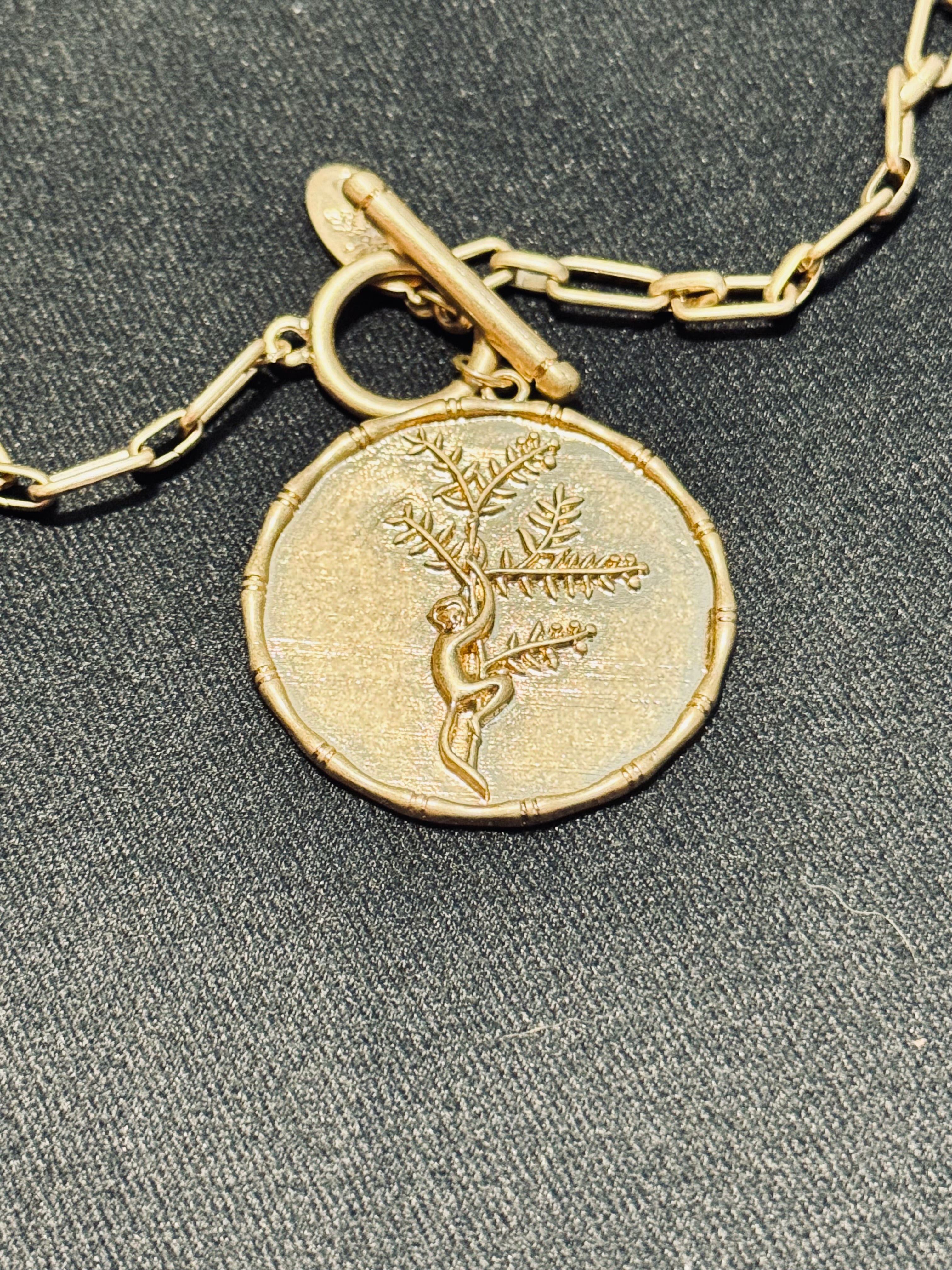 Canvas Style Gold Tone Monkey Coin Pendant Necklace Toggle Clasp Paperclip Chain