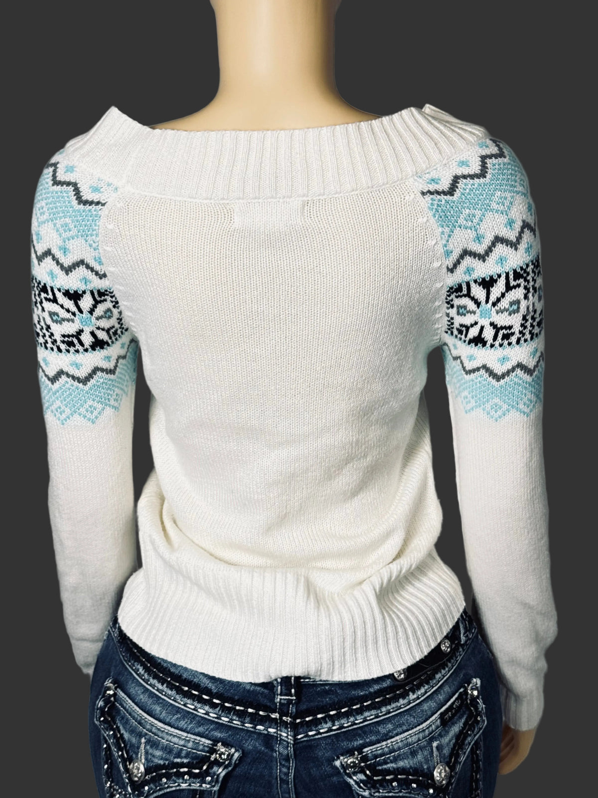 Vintage Y2K OP Sweater Women's M White Blue and Black Geometric Weave Pre Owned