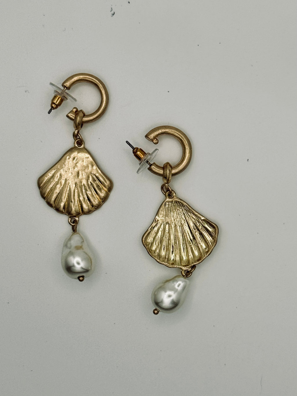 Gold Shell Pearl Drop Earrings - New, Complete Pair