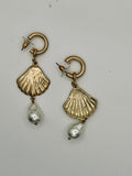 Gold Shell Pearl Drop Earrings - New, Complete Pair
