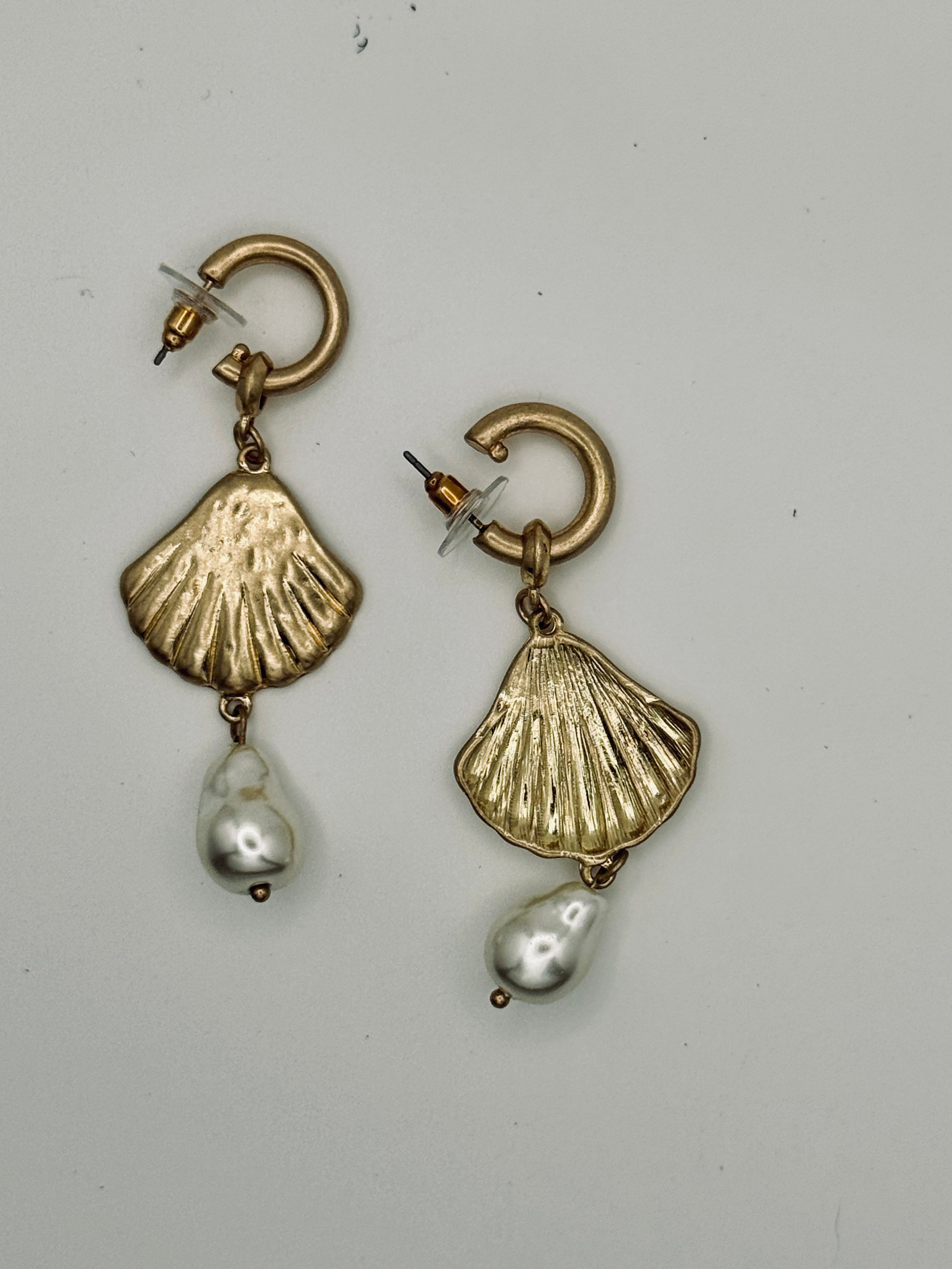 Gold Shell Pearl Drop Earrings - New, Complete Pair