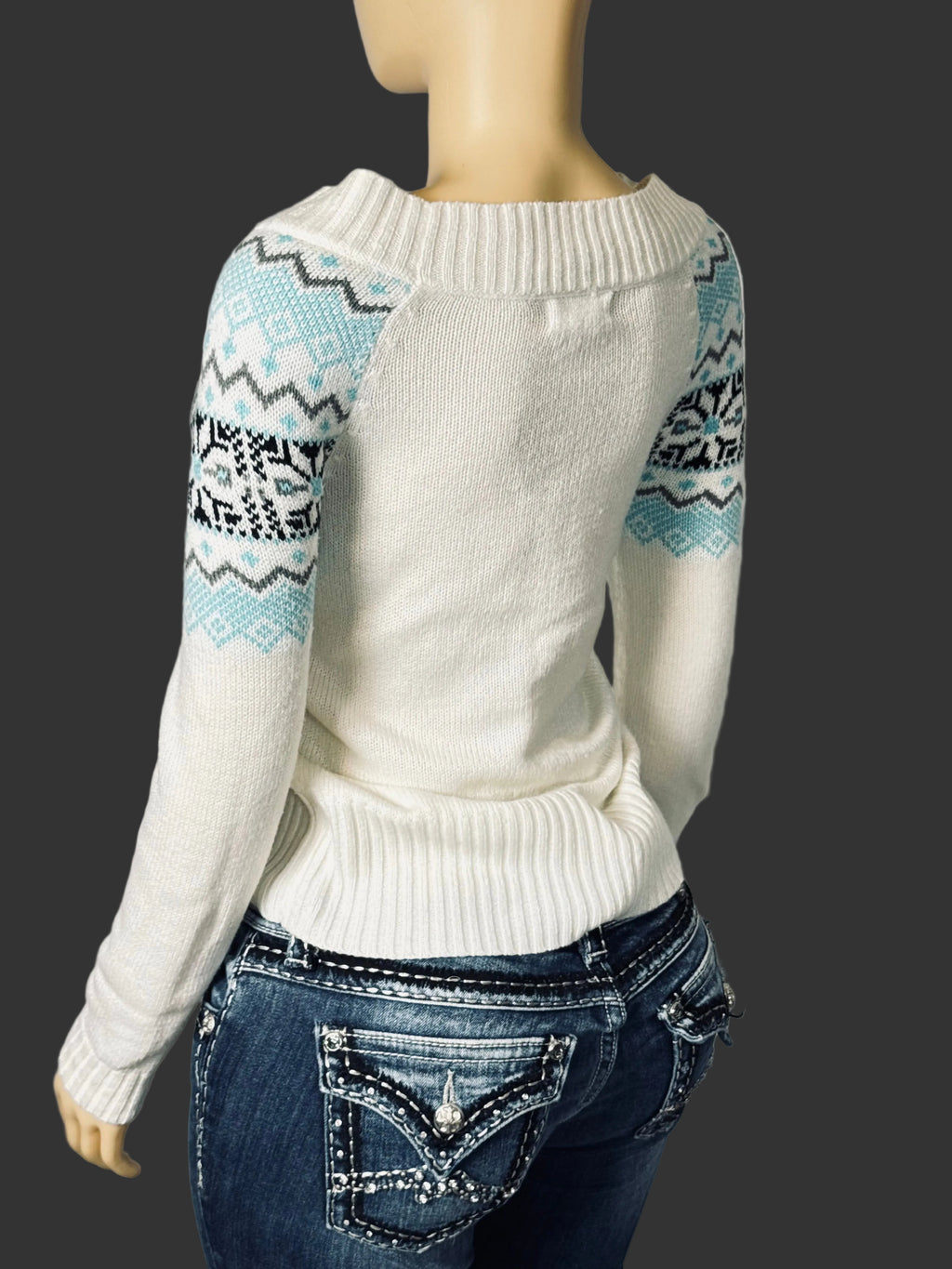 Vintage Y2K OP Sweater Women's M White Blue and Black Geometric Weave Pre Owned
