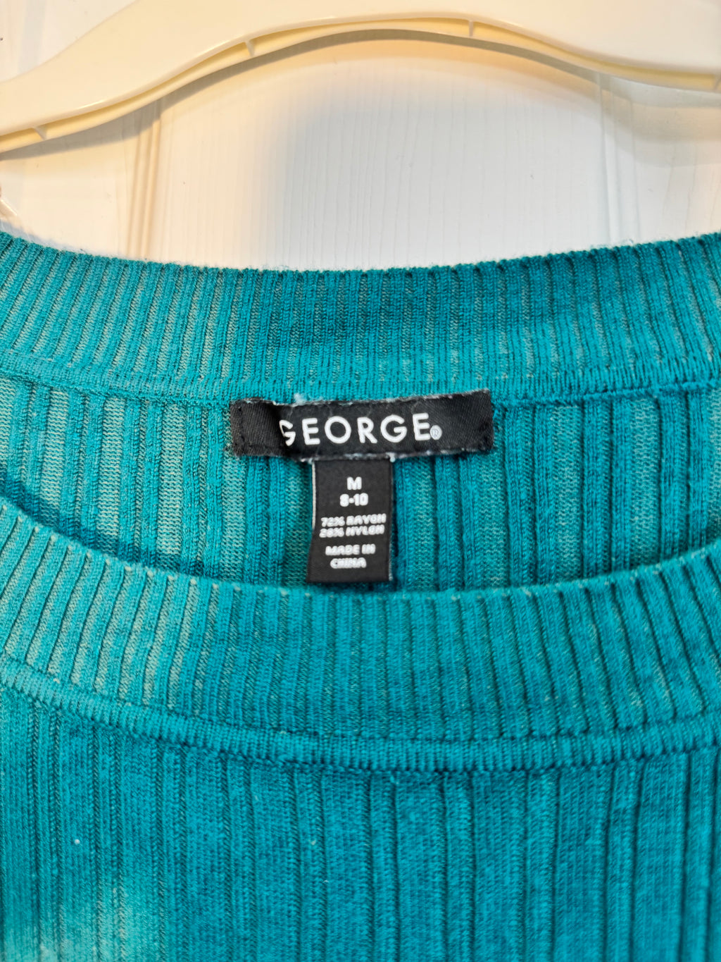 George Teal Blue Ribbed Knit Top: Scoop Neck 3/4 Sleeve Fitted Sweater, Medium