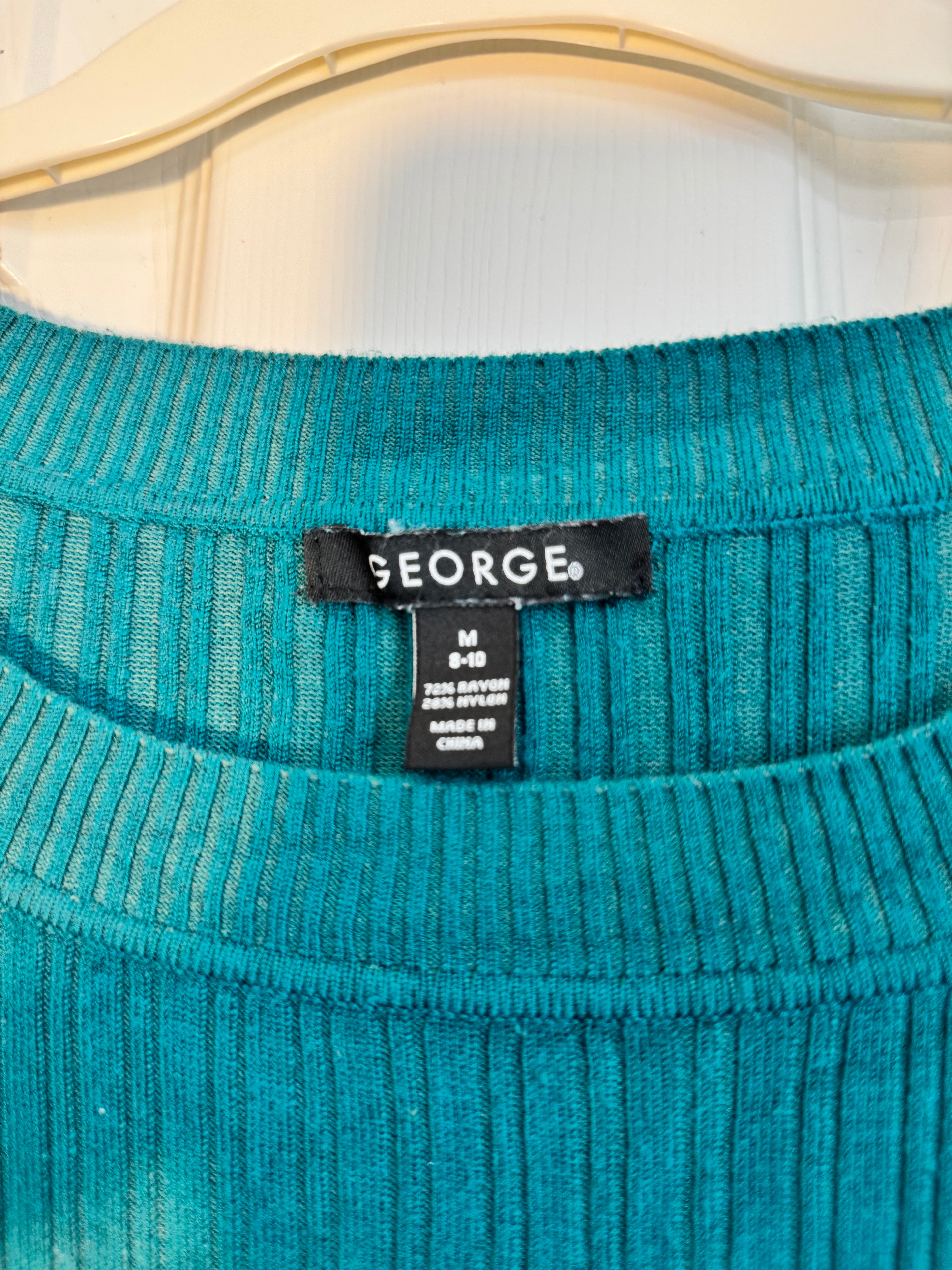 George Teal Blue Ribbed Knit Top: Scoop Neck 3/4 Sleeve Fitted Sweater, Medium