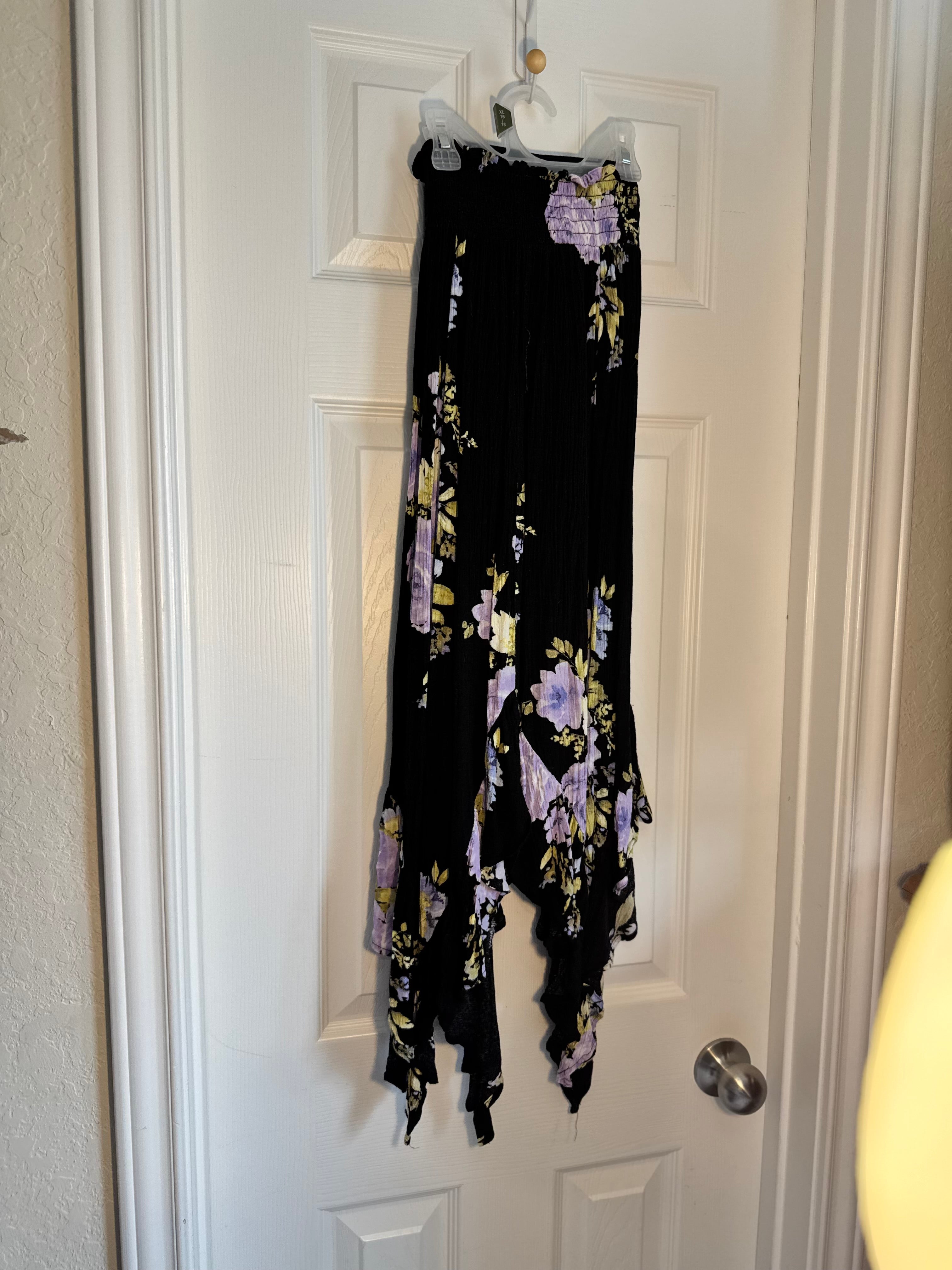Madeline & Monroe Floral Hanker-chief Hem MaxiSkirt Black Purple Yellow Smocked Skirt