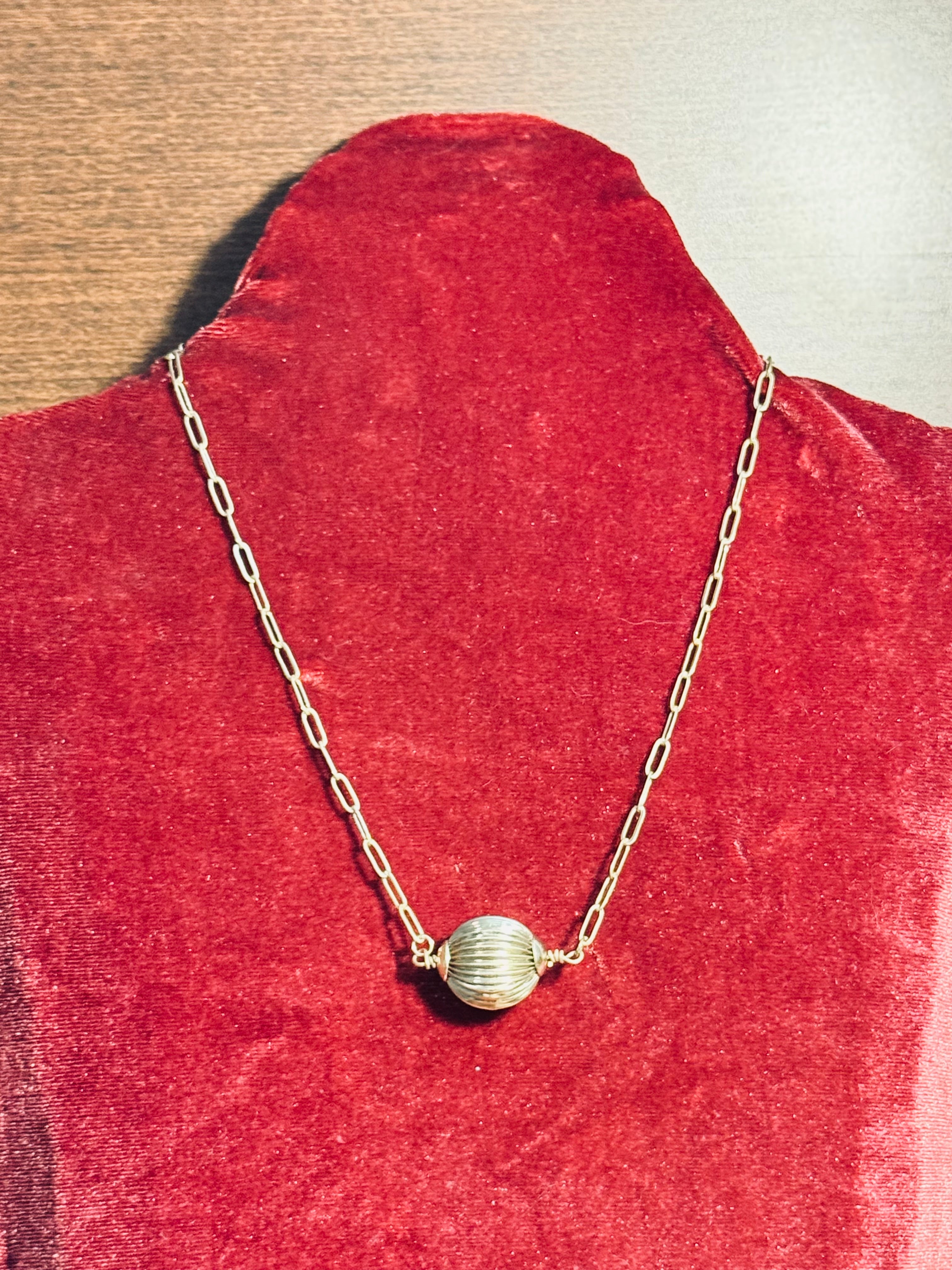 Canvas Style Gold-Tone Ribbed Melon Bead Pendant Necklace – Delicate Paperclip Link Chain with Extender