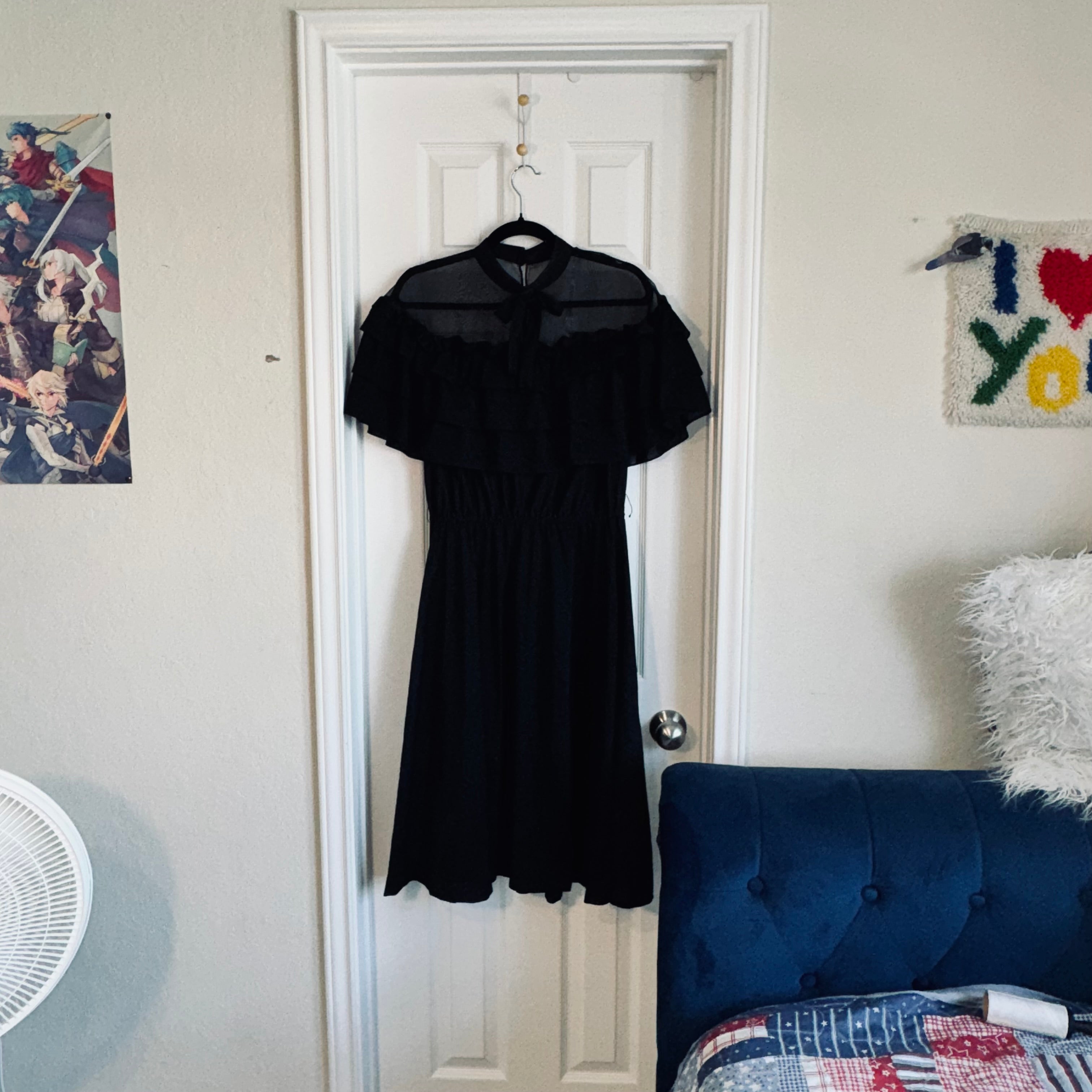 Vintage Black Ruffled Midi Dress with Sheer Yoke