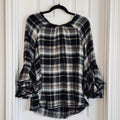 Plaid Ruffle-Sleeve Blouse - Black & Cream