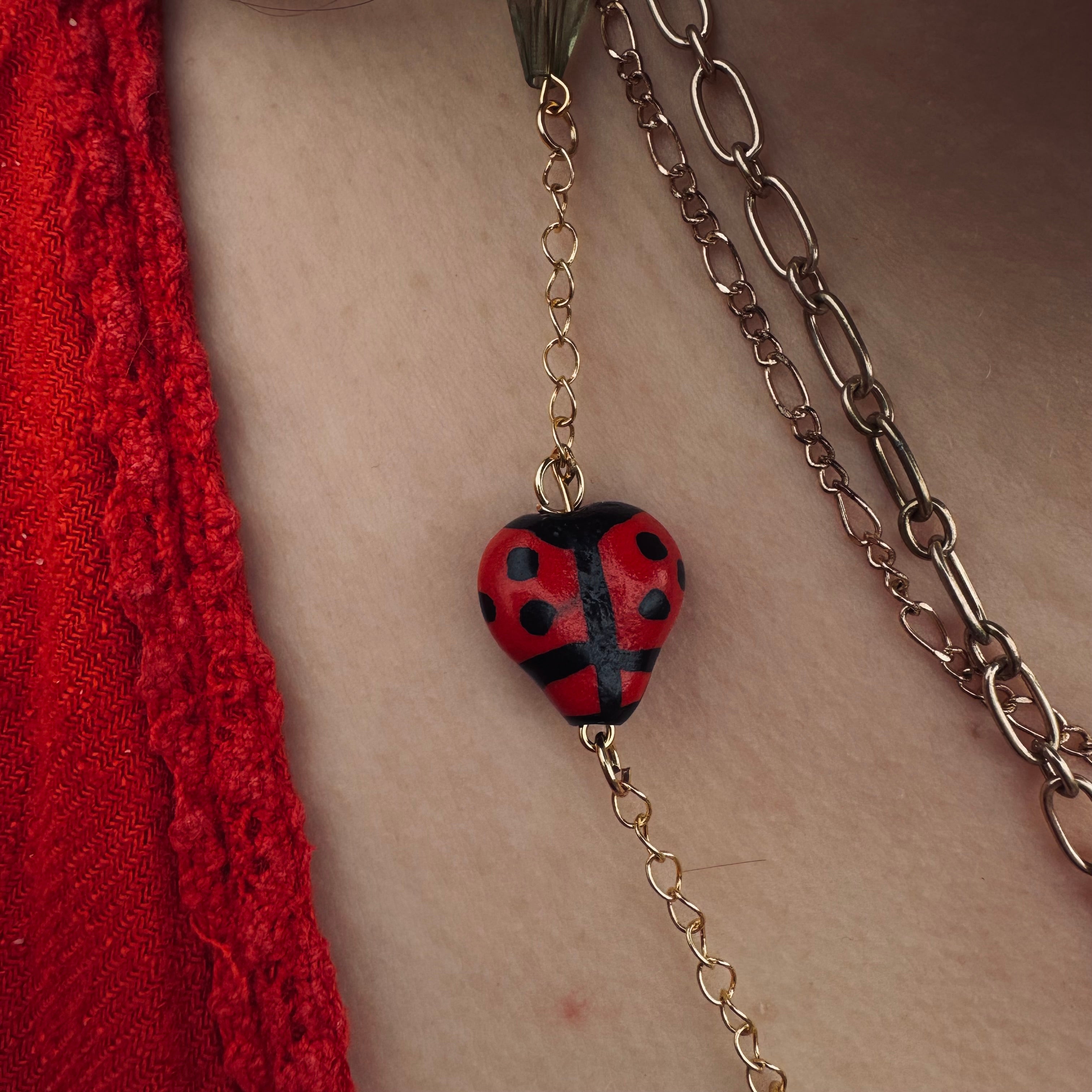 Whimsical Upcycled Ladybug Chain Necklace – Red and Black Hand-Painted Novelty Jewelry