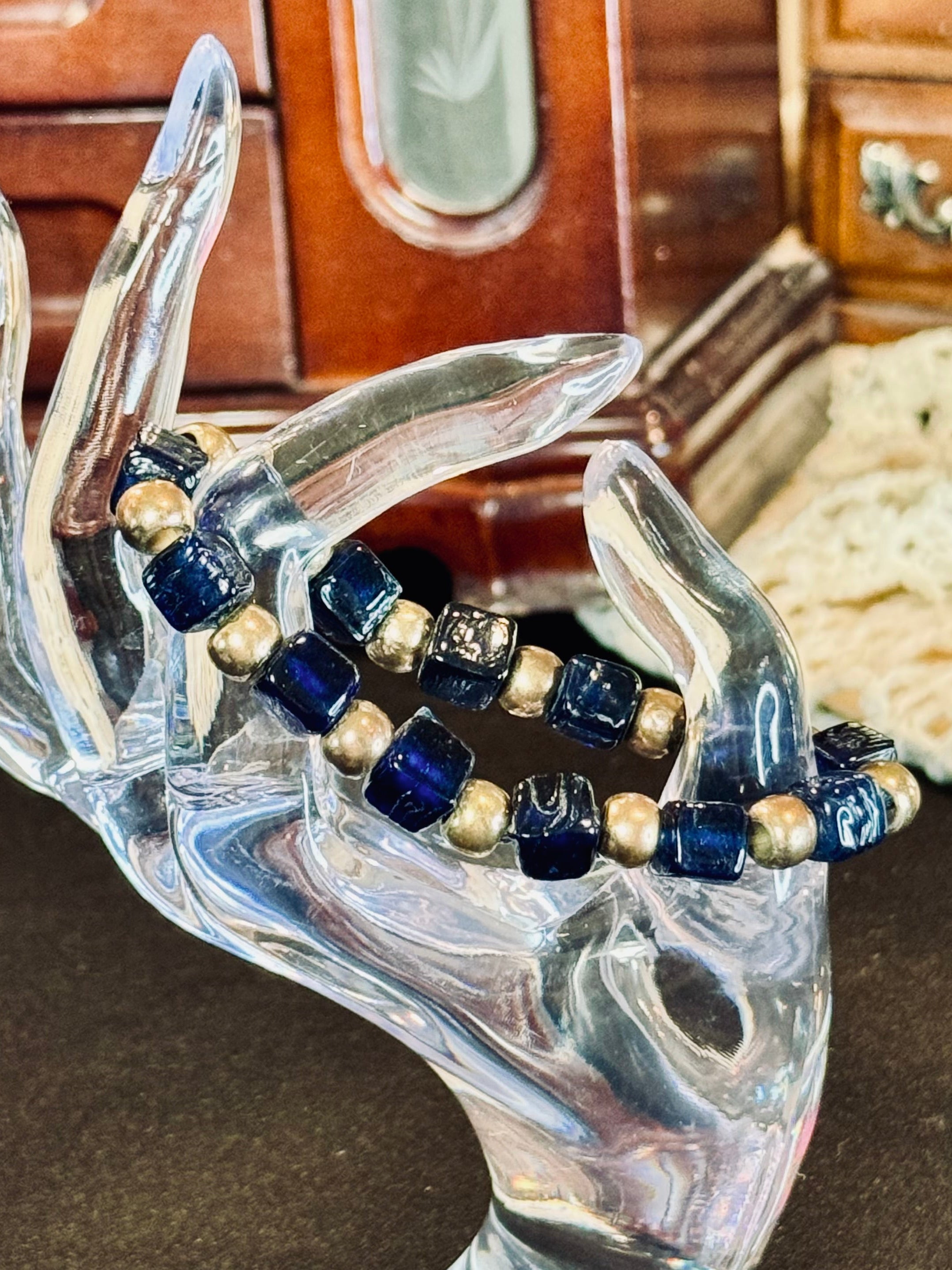Midnight Blue Square Glass Bead Bracelet – Metallic Gold Accent Stretch Stacker