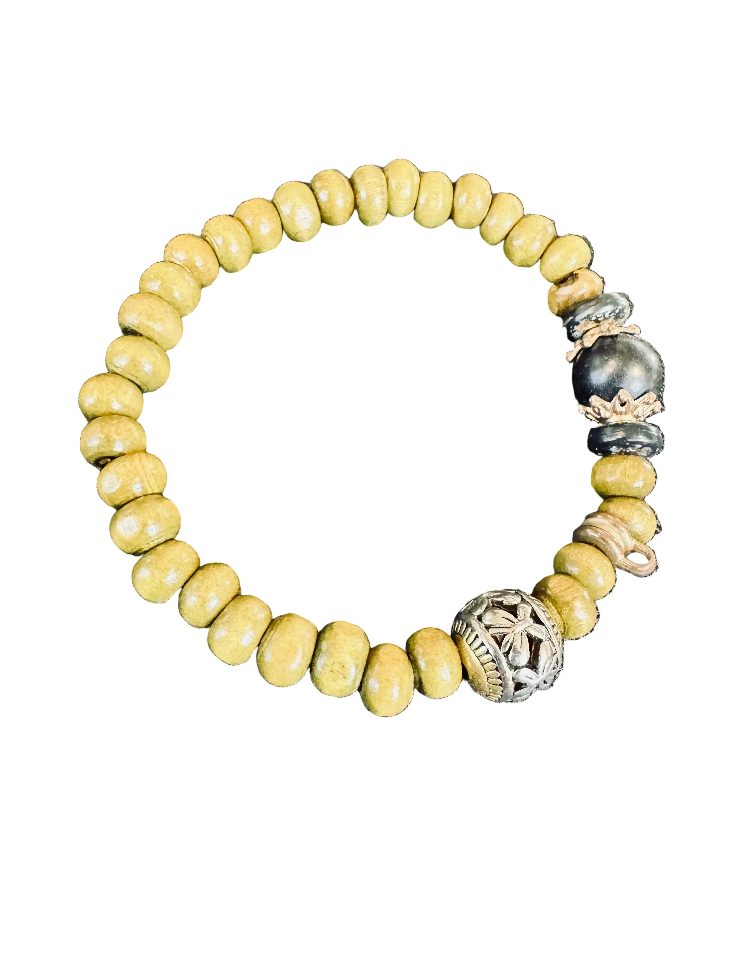 Olive Green Wooden Bead Stretch Bracelet – Customizable Antique Bronze Charm Stacker
