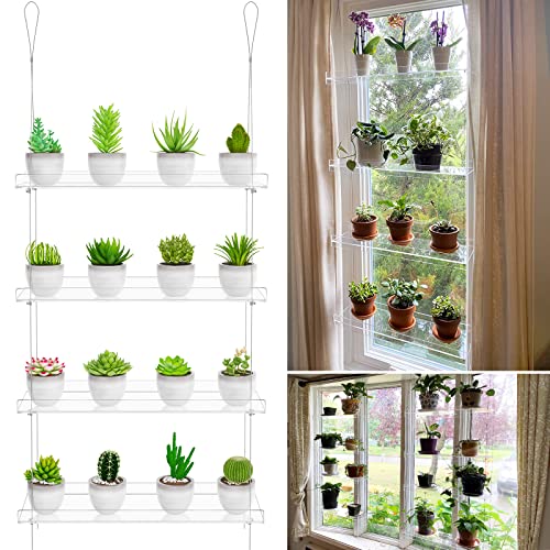 OtNiap Clear Hanging Window Plant Shelves 16inch,Indoor Windows Wall Hanging Plant Stand Flower Display,Flower Pot Organizer Storage for Window Grow Herbs,Microgreens,Succulents,Flower