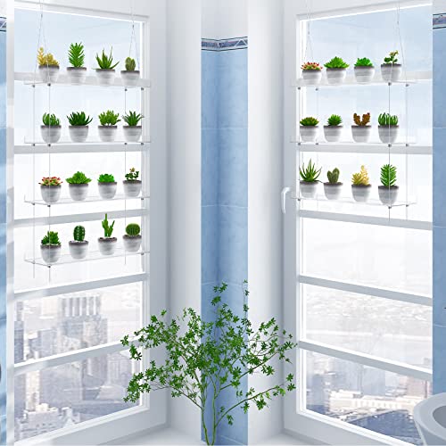 OtNiap Clear Hanging Window Plant Shelves 16inch,Indoor Windows Wall Hanging Plant Stand Flower Display,Flower Pot Organizer Storage for Window Grow Herbs,Microgreens,Succulents,Flower