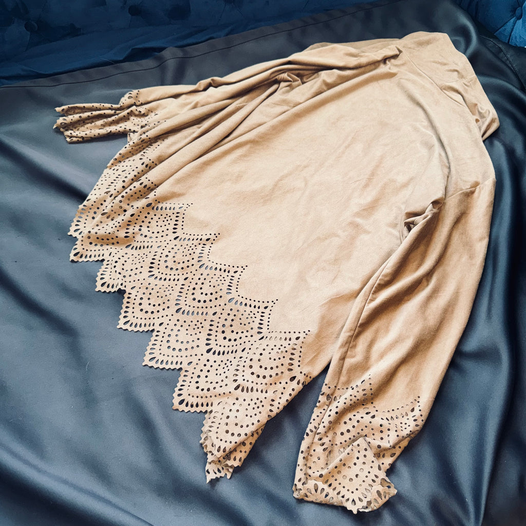 Kraft Kat Brown Laser-Cut Draped Open-Front Cardigan