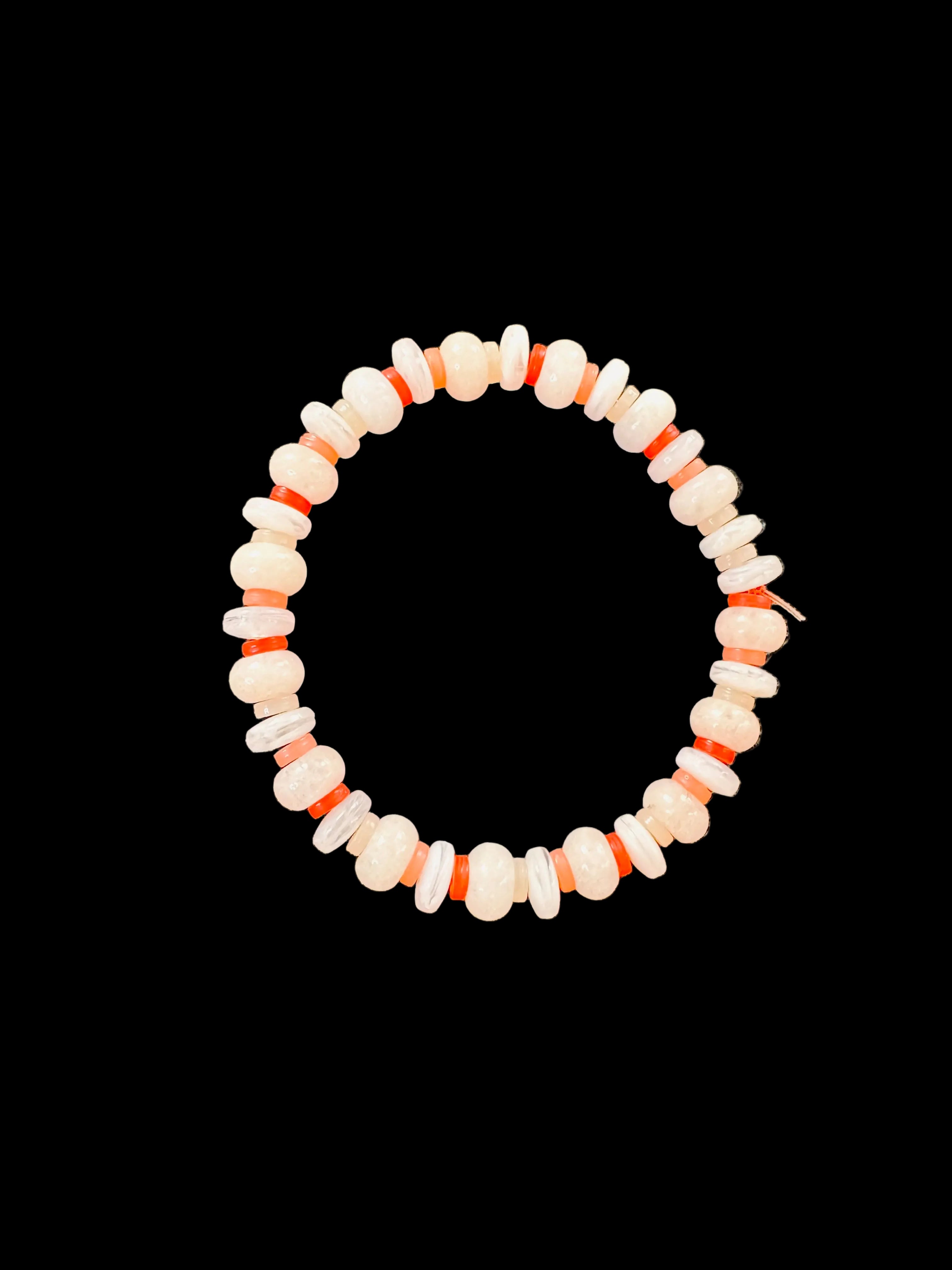 Pale Pink Quartz Disc Stretch Bracelet – Delicate Coral Red Spacer Bead Stacker