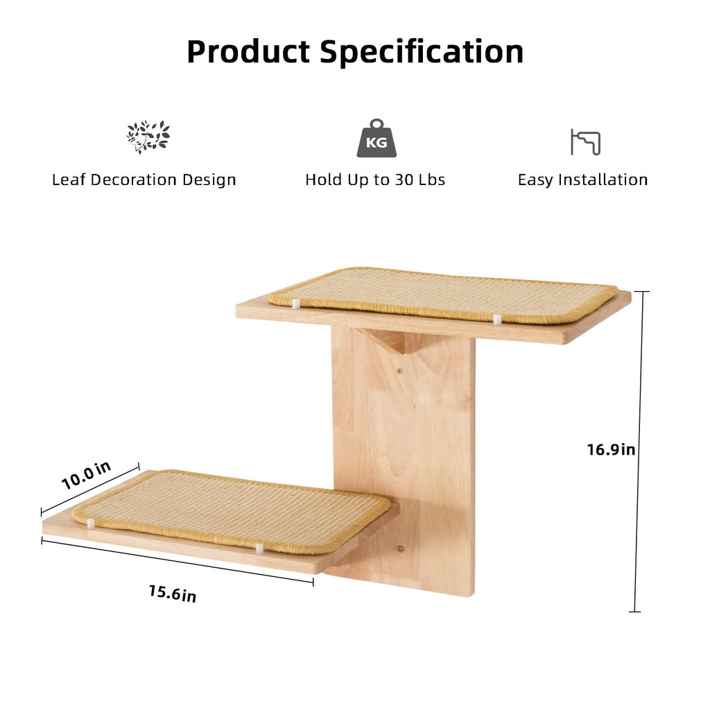 Meowoou Cat Wall Shelves with Leaves, 2 Platform Cat Wall Furniture, Cat Tree Shelves, Rubber Wood Wall Perch with Mat, Bridge for Climb, Nap, Play, Decor