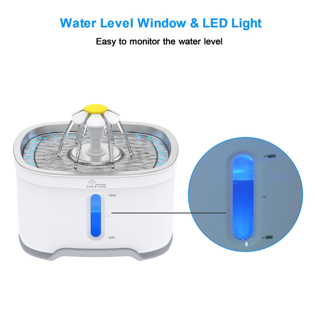 Wonder Creature Cat Water Fountain Stainless Steel, Cat Fountain with Water Level Window and LED Light for Water Shortage Alert
