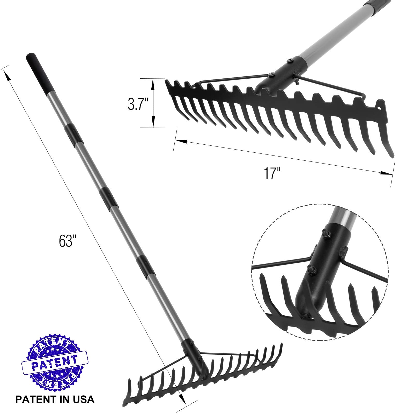 Walensee 5.4FT Bow Rake Heavy Duty Garden Rake with Stainless Steel Handle, 17 Steel Tines Garden Tool for Loosening Soil Gathering Leaf Leveling Lawn Farming Land Management Yarn Thatch Rakes