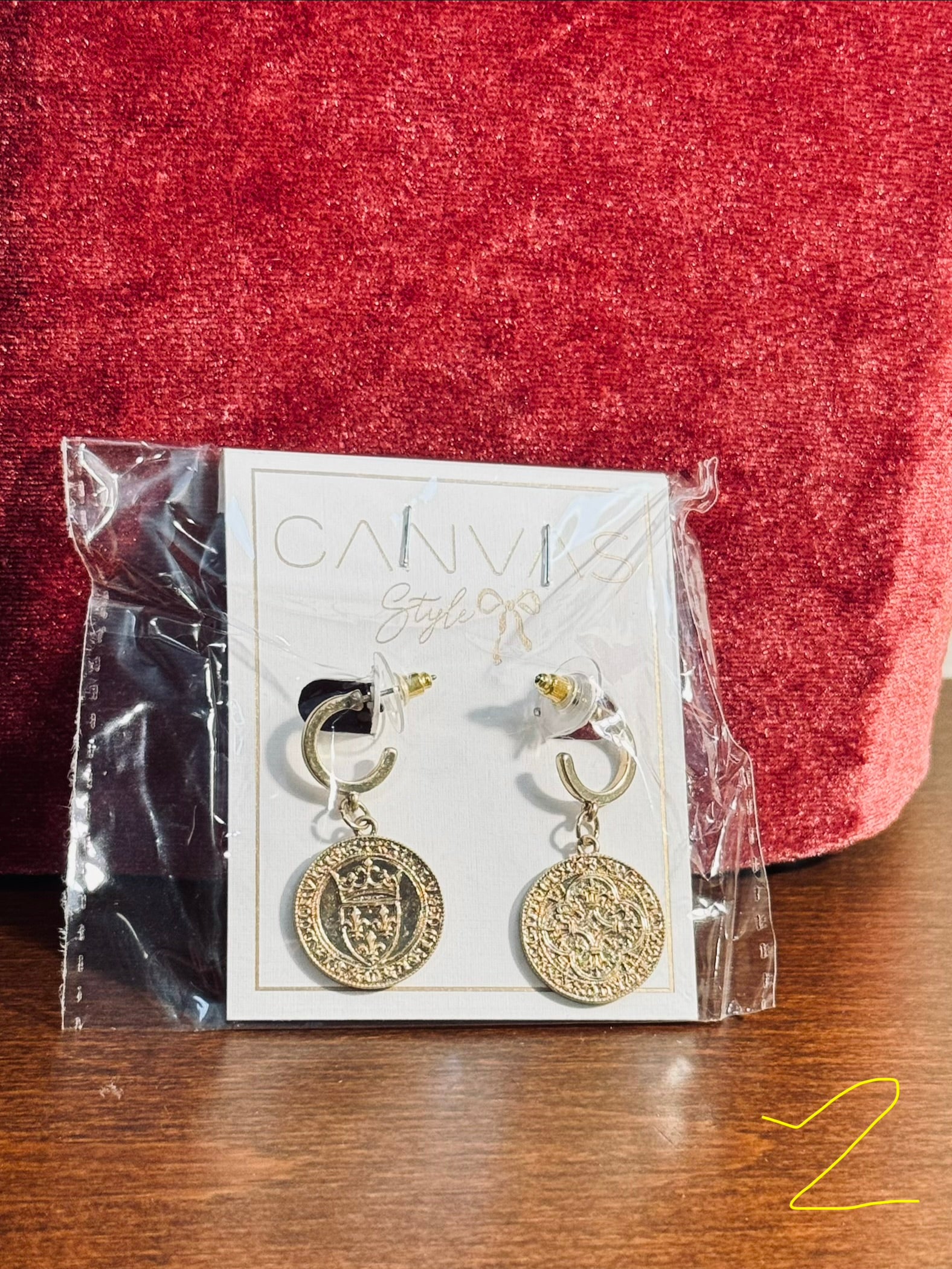 Canvas Style Gold Fleur-de-Lis & Crown Medallion Drop Hoop Earrings – NWT