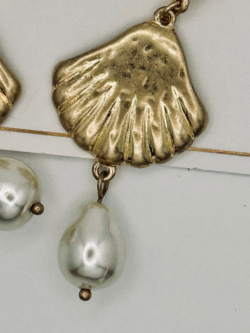 Gold Shell Pearl Drop Earrings - New, Complete Pair