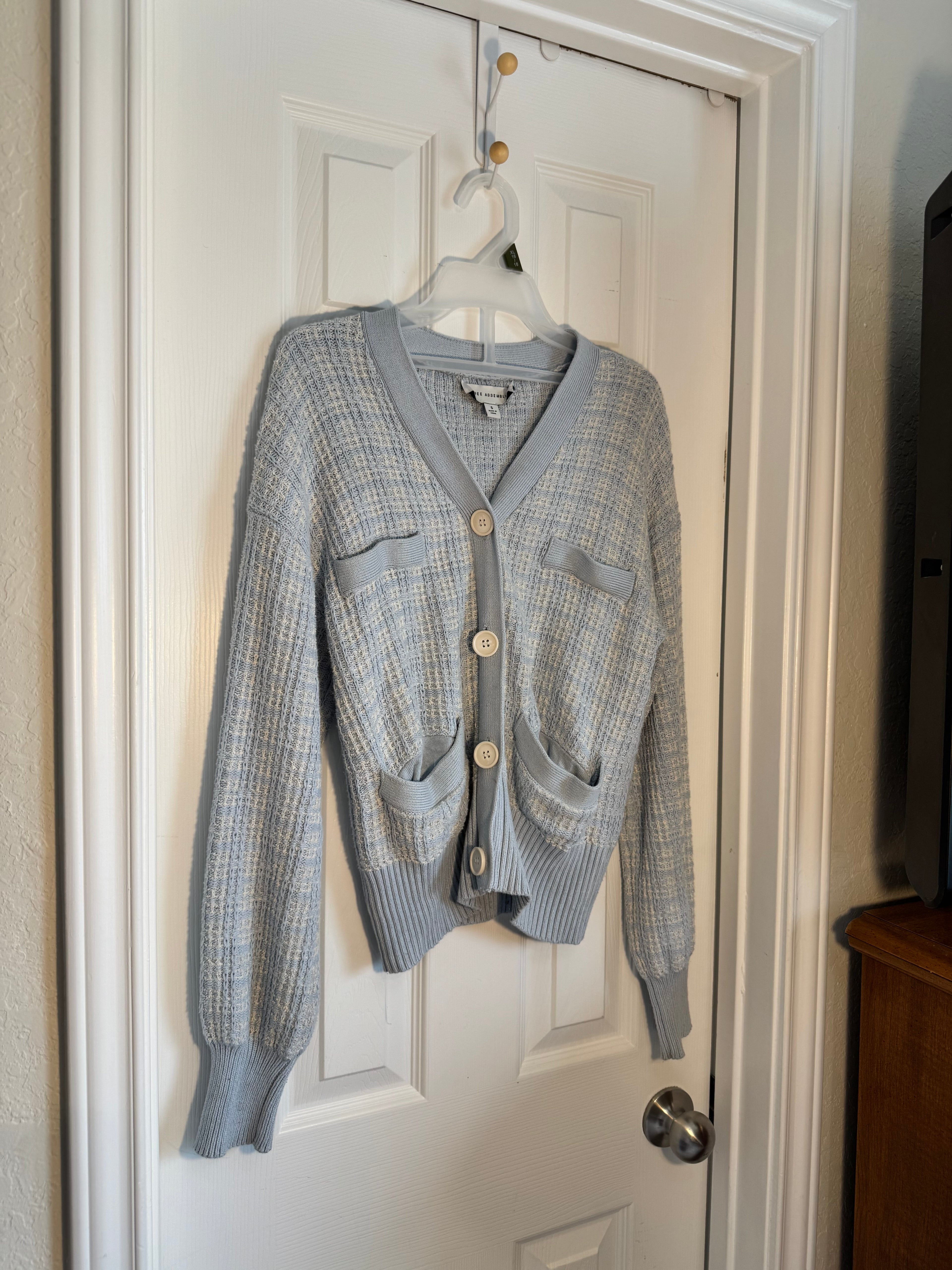 Free Assembly Light Blue Tweed Knit Cardigan Sweater Size S Small Pastel